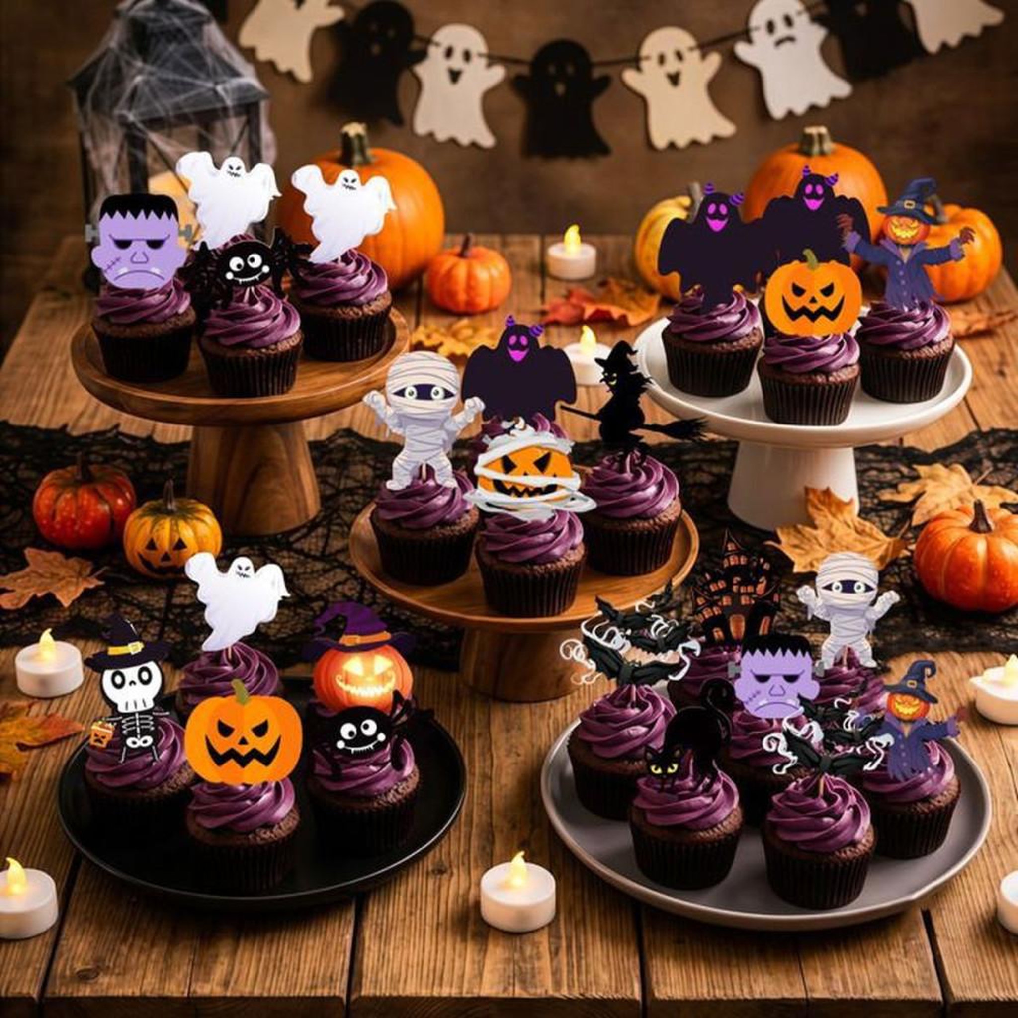 Voir la diapositive 4 : Décorations pour gâteau Halloween, mini toppers et petits drapeaux multicolores INBOXXARTY, 42 pièces