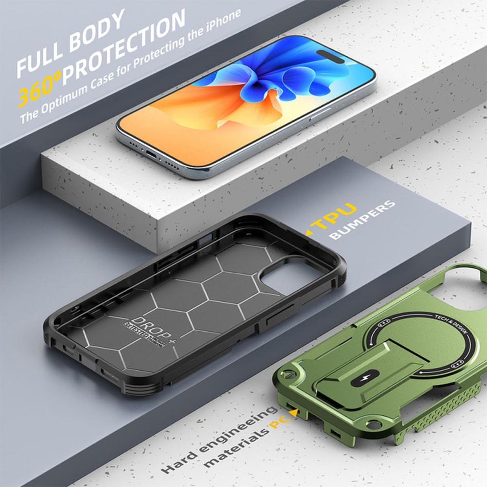 Voir la diapositive 5 : Coque antichoc 360° avec support kickstand MagSafe pour iPhone 15, verte