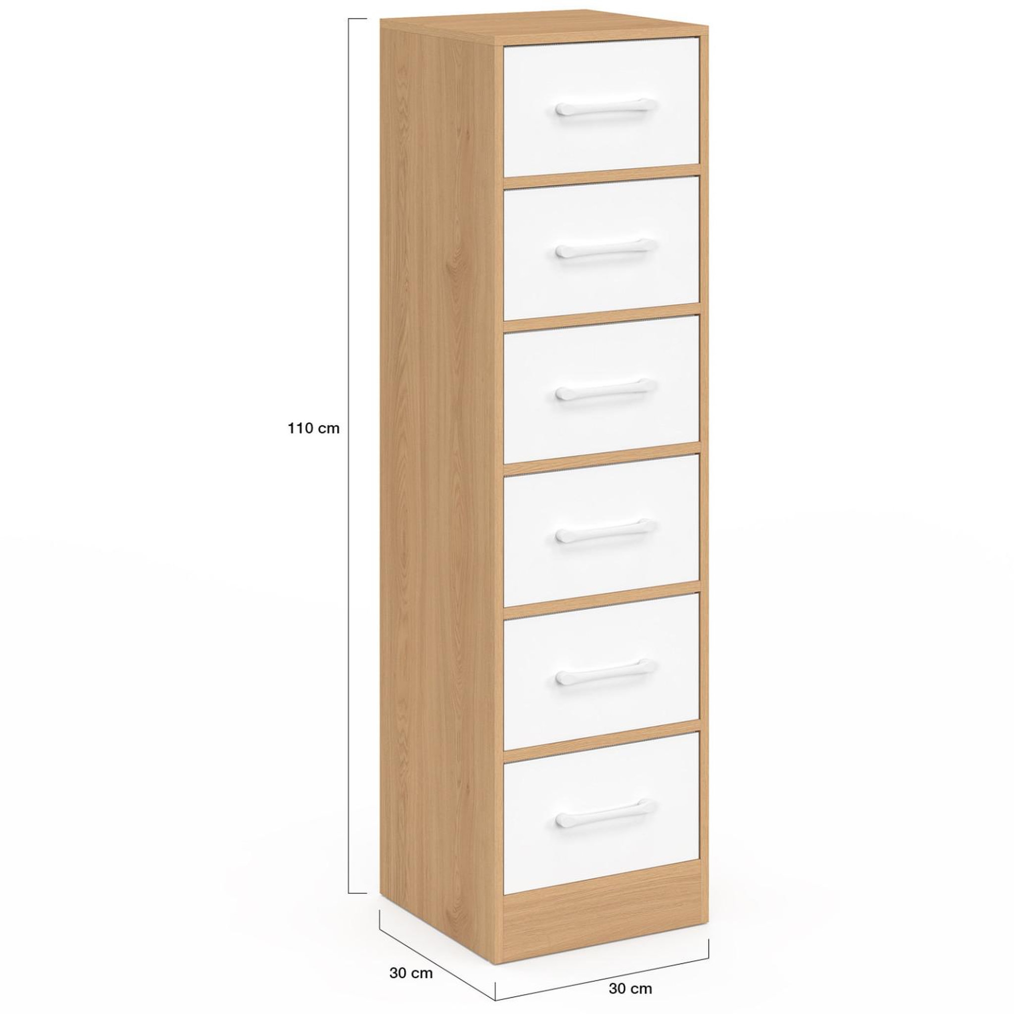 Voir la diapositive 5 : ID MARKET Meuble d'appoint 6 tiroirs uppah 30x30x110 cm chiffonnier pour entrée salle de bain bois façon hêtre et blanc