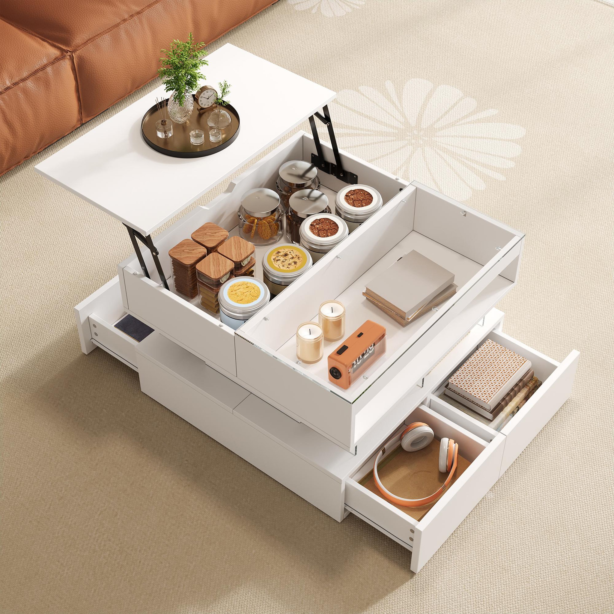 Voir la diapositive 5 : MERAX Table basse relevable rectangulaire blanc - 67x70 cm led panneau de particules
