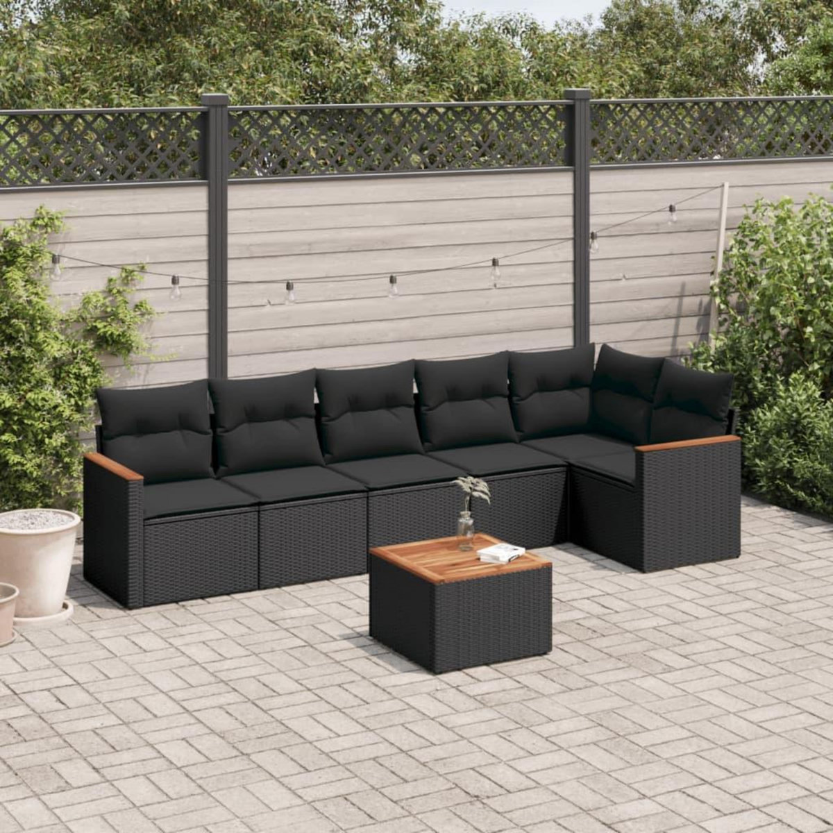VIDAXL Salon de jardin 7 pcs avec coussins noir resine tressee