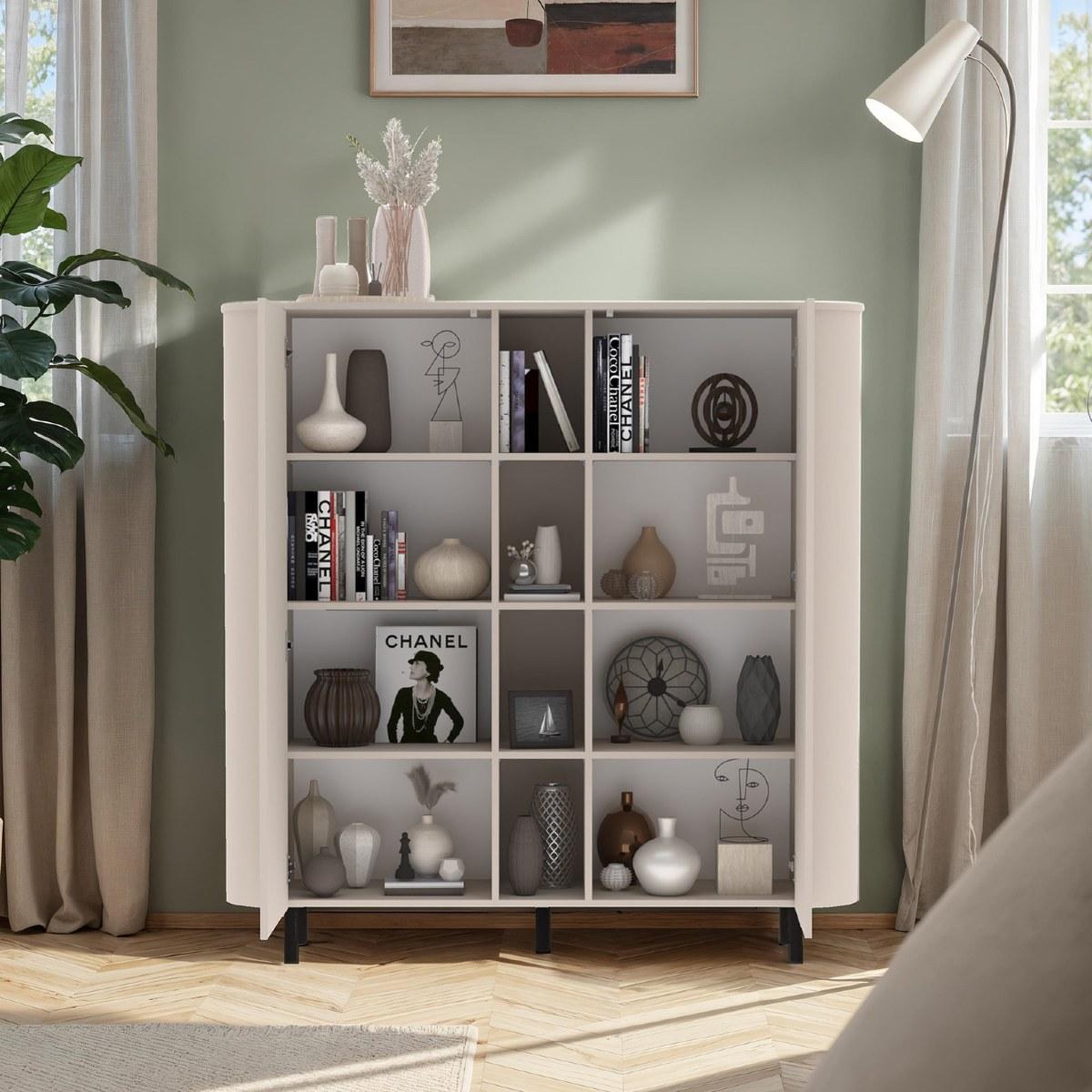 Voir la diapositive 3 : JLC KREATION Buffet haut moderne 2 portes beige cachemire olga