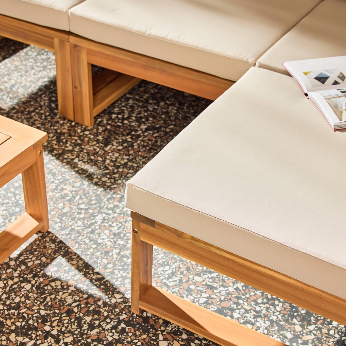 SWEEEK Salon de jardin modulable bois d'acacia et tissu beige 4 places - Tula