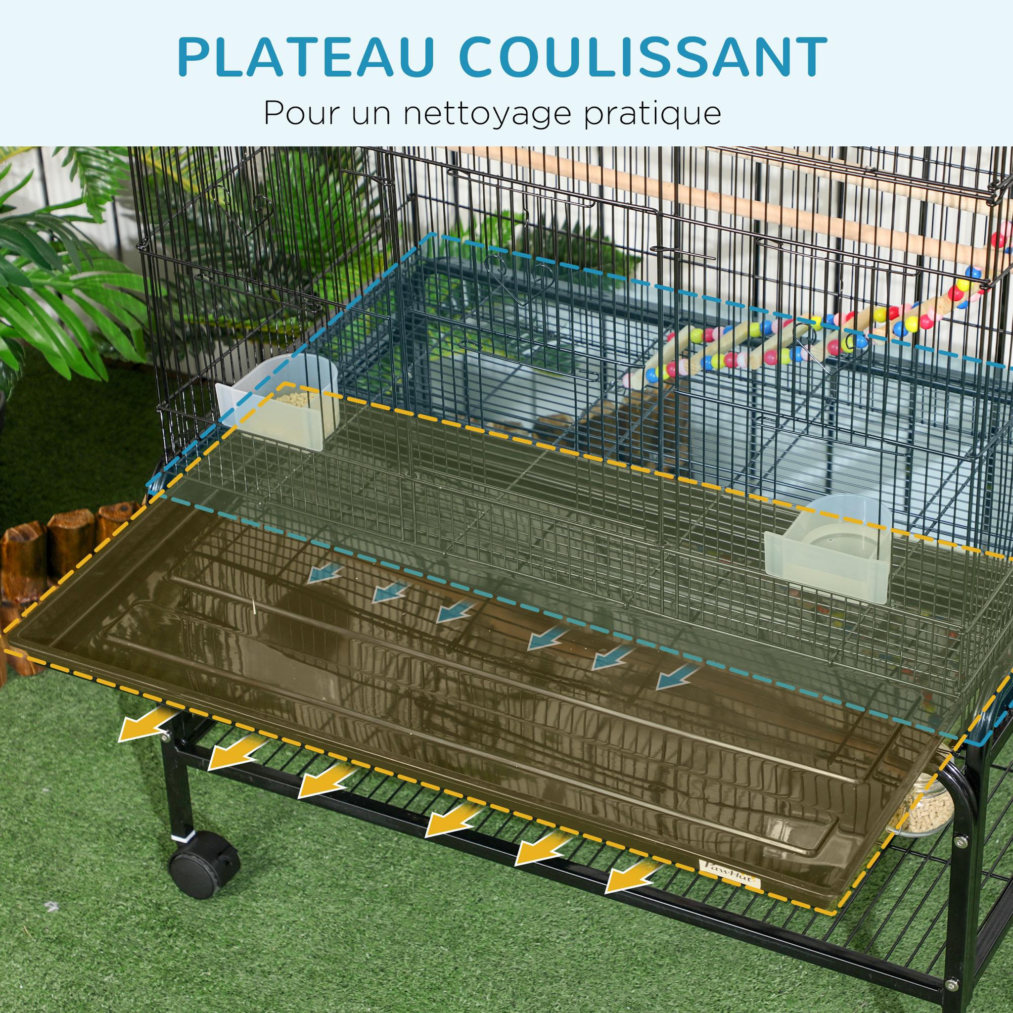 Voir la diapositive 6 : PAWHUT Cage à oiseaux sur roulettes - étagère, plateau déjection, 3 perchoirs, 4 mangeoirs, 2 portes, 8 trappes, accessoires - acier noir