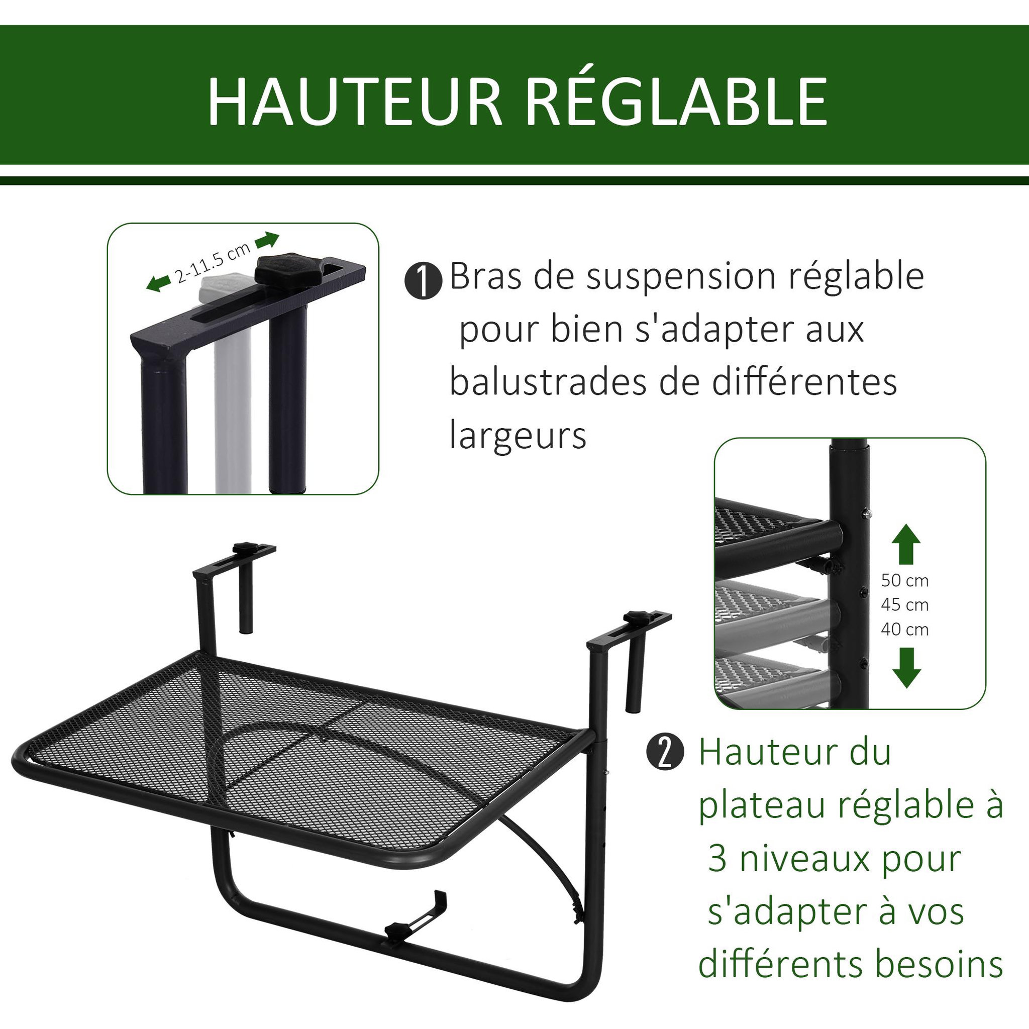 Voir la diapositive 4 : OUTSUNNY Table suspendue pour balcon dim. 60L x 56,5l cm hauteur réglable 3 niveaux métal époxy noir