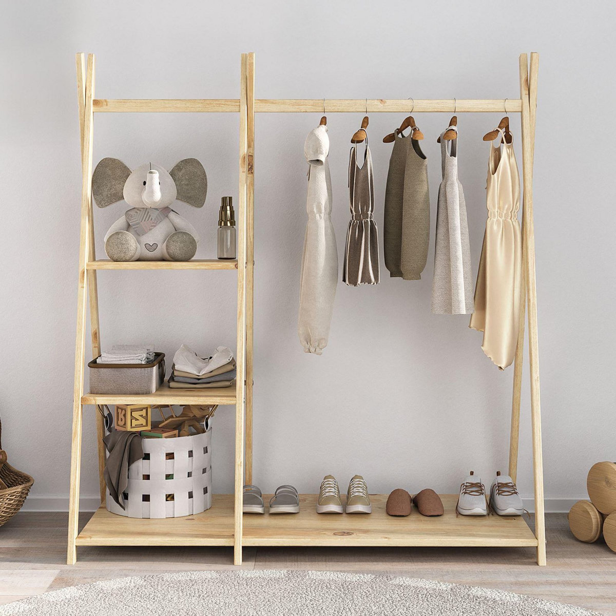 IDIMEX Penderie pour enfants LOTTE avec 3 étagères, en bois massif