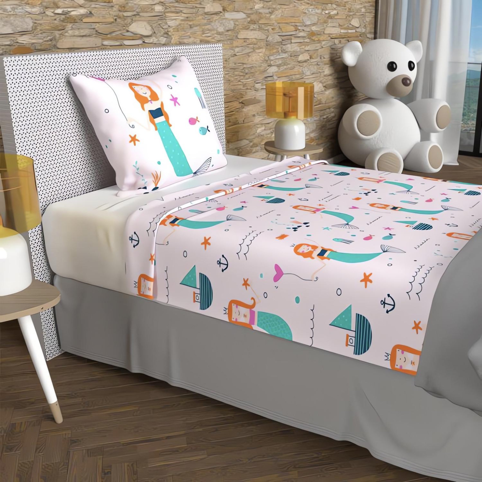 Voir la diapositive 1 : SOLEIL D'OCRE Parure de draps 180x290 cm sirenes, 100% coton 57 fils/cm2, par soleil d'ocre