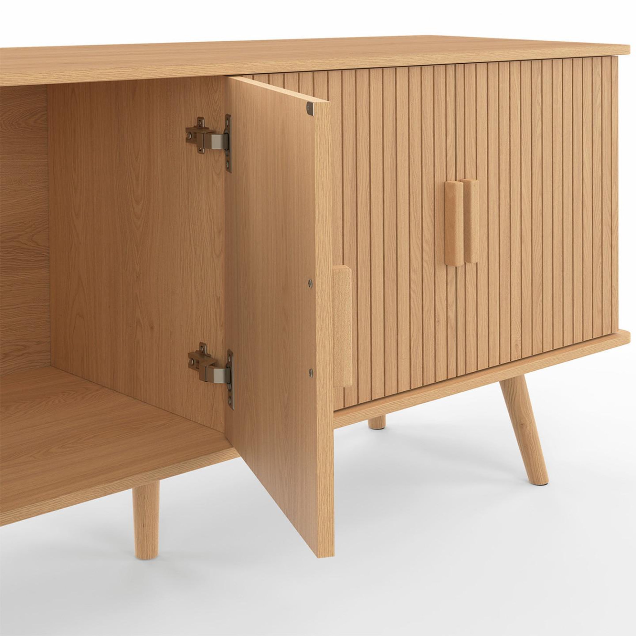 Voir la diapositive 6 : ID MARKET Buffet bas 140 cm juliette 4 portes effet lattes tasseau bois coloris chêne