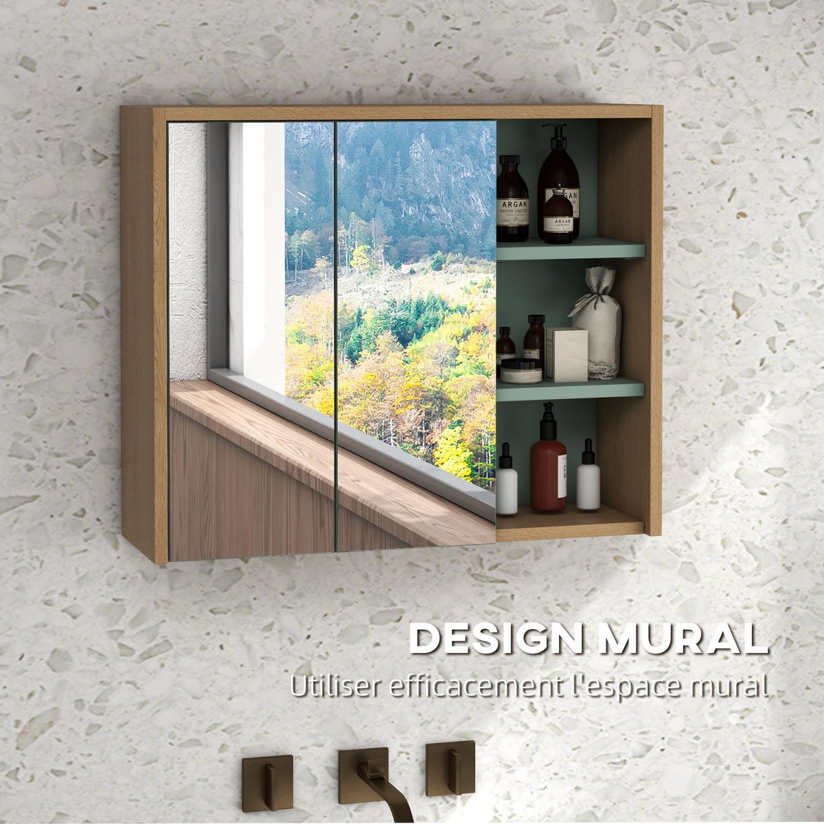 KLEANKIN Ensemble 2 meubles salle de bain - meuble sous-vasque suspendu, armoire murale miroir - aspect bois clair vert