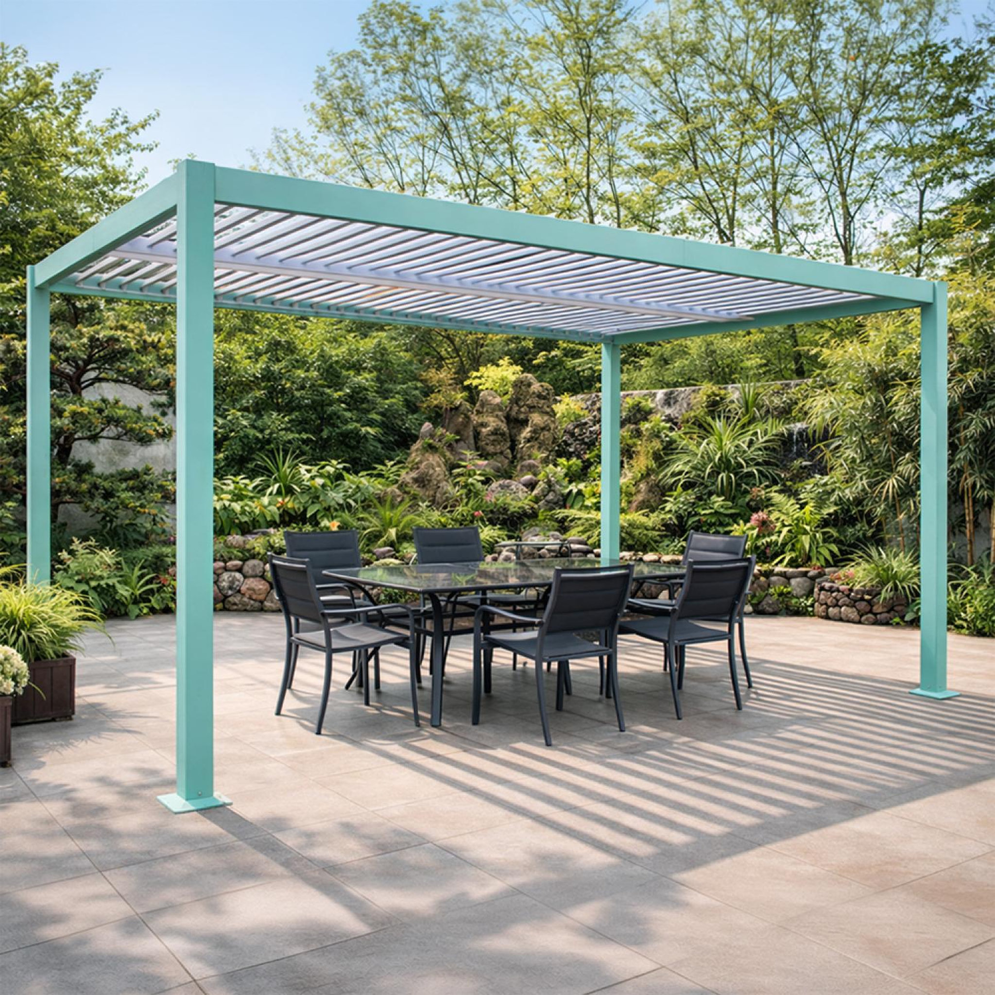 Voir la diapositive 4 : CONCEPT USINE Pergola bioclimatique 4x3m structure aluminium lames orientables verte corfu