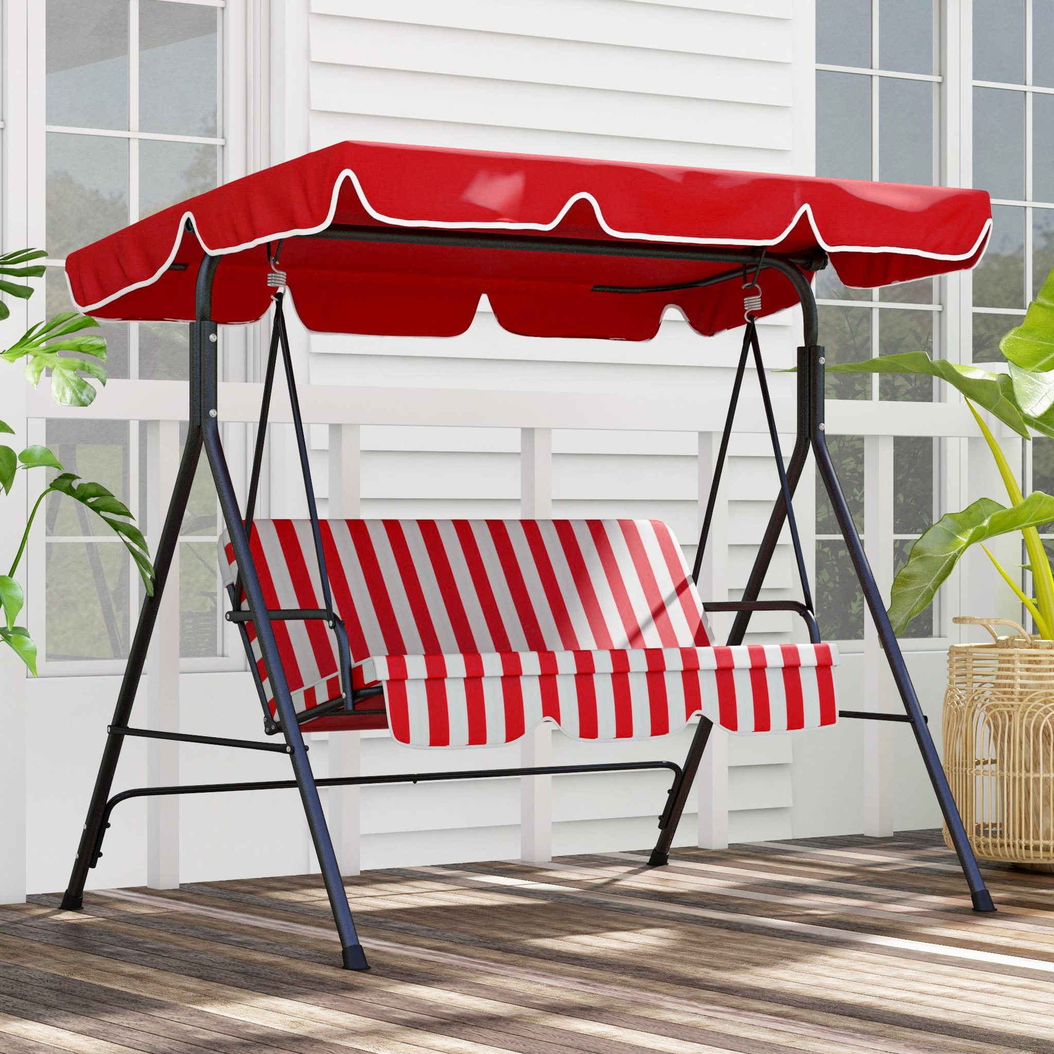 Voir la diapositive 4 : OUTSUNNY Balancelle de jardin 3 places toit inclinaison réglable coussins assise et dossier 1,72L x 1,1l x 1,52H m acier noir polyester rouge et blanc