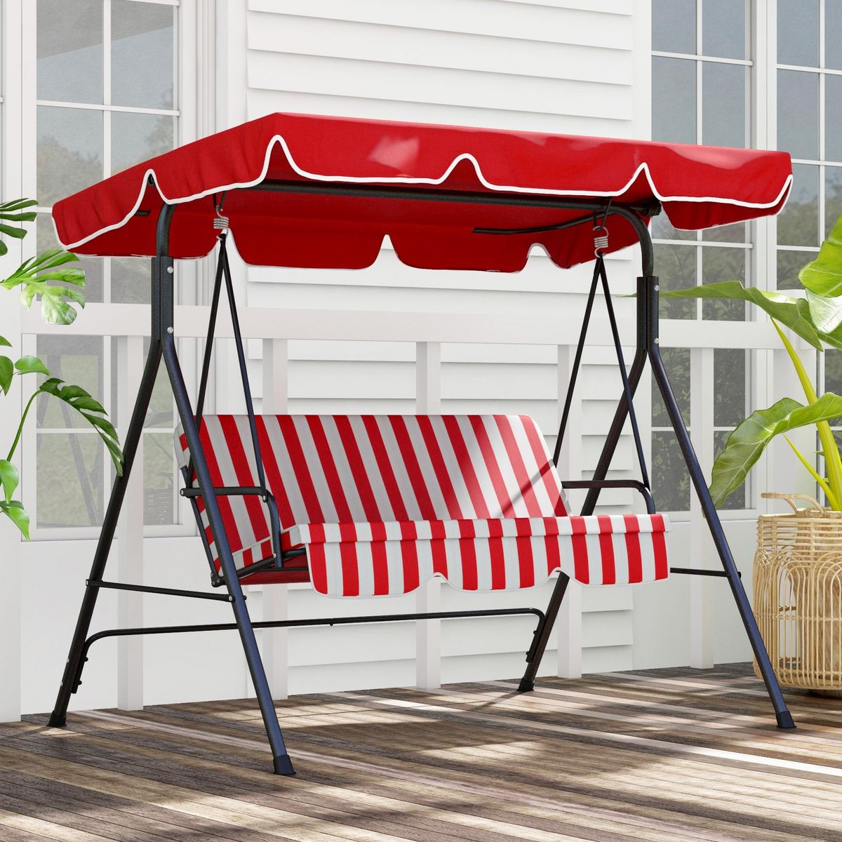 OUTSUNNY Balancelle de jardin 3 places toit inclinaison réglable coussins assise et dossier 1,72L x 1,1l x 1,52H m acier noir polyester rouge et blanc