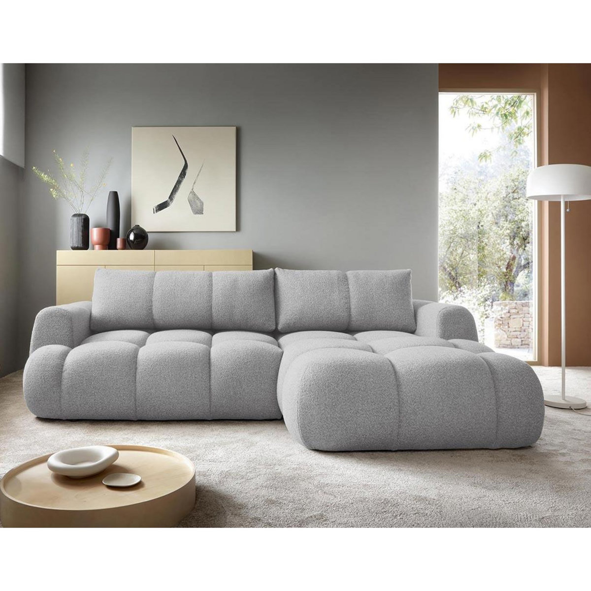 BEST MOBILIER Yulin - canapé d'angle droit 4 places convertible avec coffre en tissu bouclette