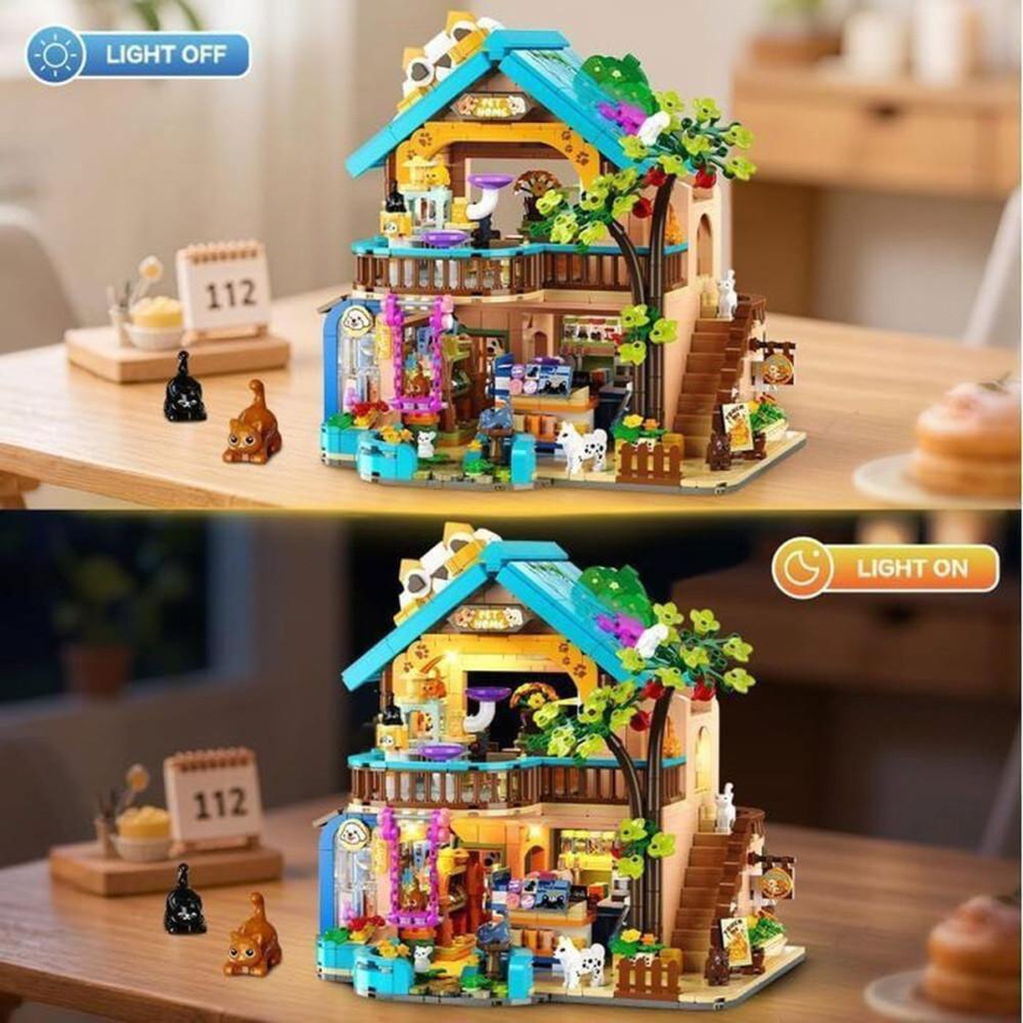 Voir la diapositive 5 : Kit de construction 3D Maison pour animaux de compagnie, immeuble animalier à 2 étages, 1425 pièces ABS, éclairage LED chaud intégré