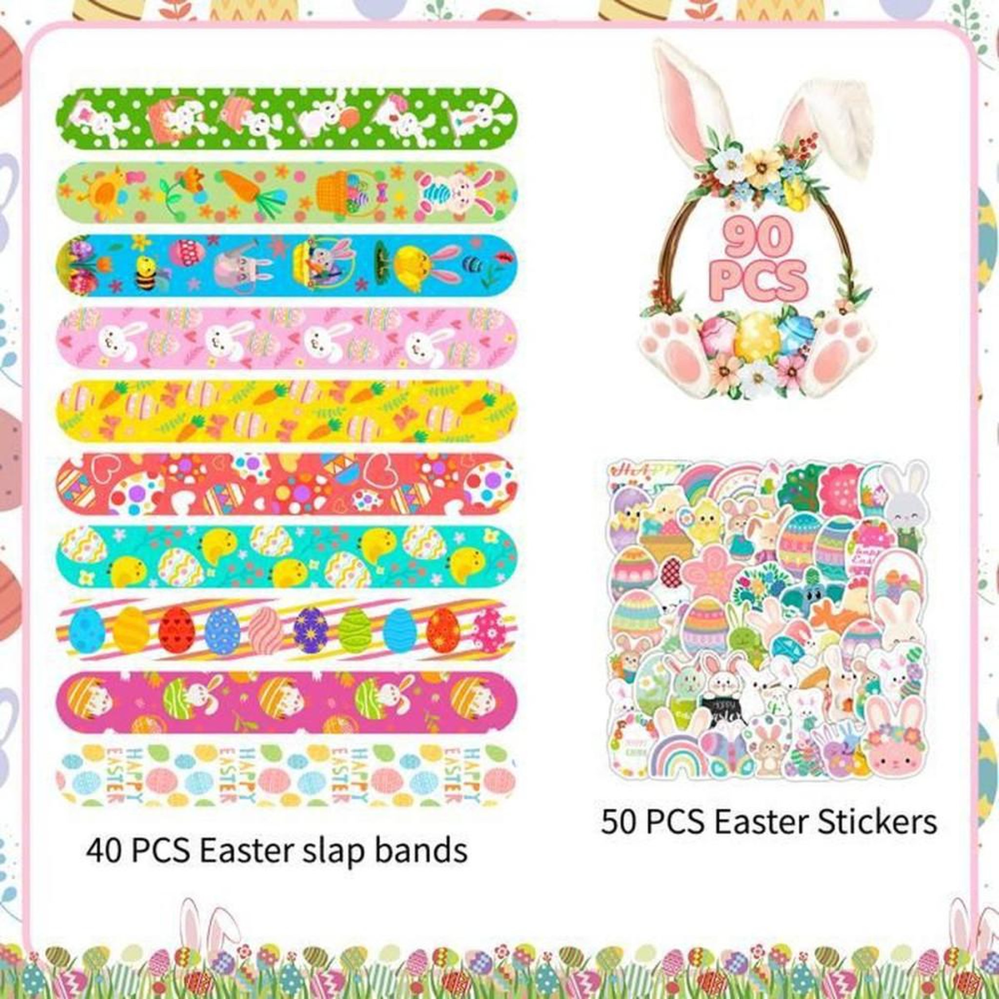 Voir la diapositive 2 : Set de stickers de Pâques multicolores pour enfants, motifs variés œufs lapins paniers fleurs, autocollants et bandes à claquer, tailles 3 à 22,2 cm