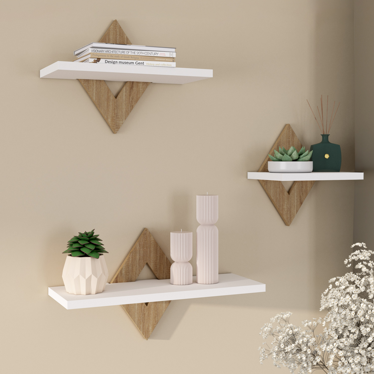 ID MARKET Lot de 3 étagères murales IRIS façon hêtre et blanc