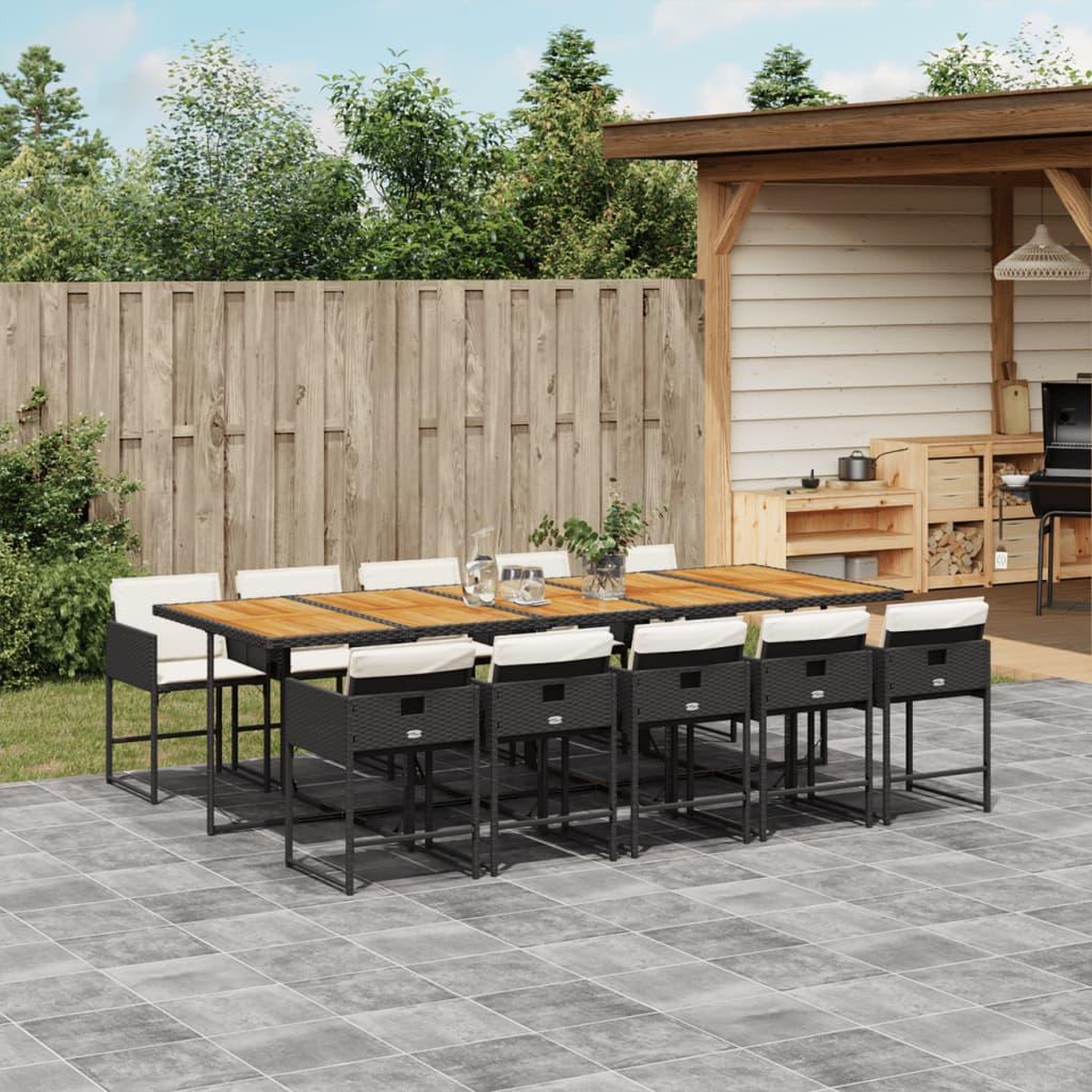 VIDAXL Ensemble a manger de jardin 11 pcs coussins noir resine tressee