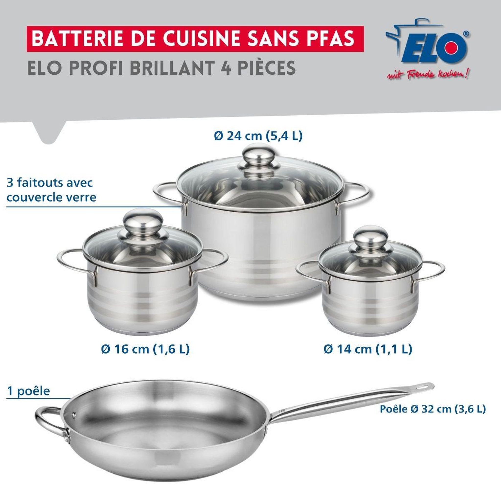 Voir la diapositive 2 : ELO Ensemble de 1 poêle de cuisson 32 cm et 3 faitouts 14, 16 et 24 cm elo profi brillant
