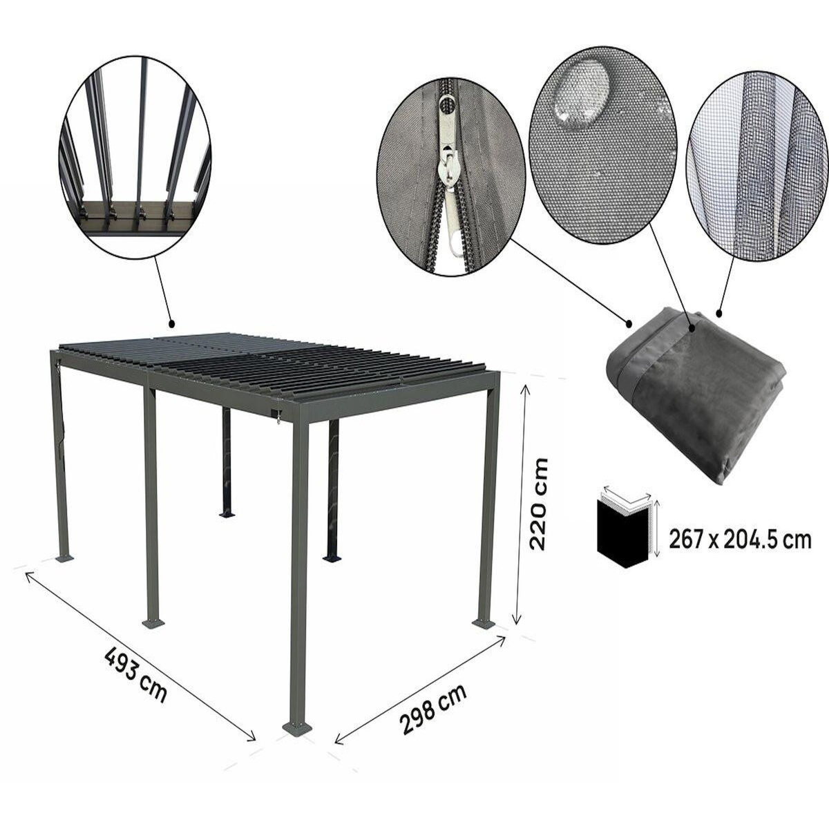 Habitat et Jardin Pergola bioclimatique en aluminium avec rideau et moustiquaire  Kensington  - 3 x 5 m - Gris