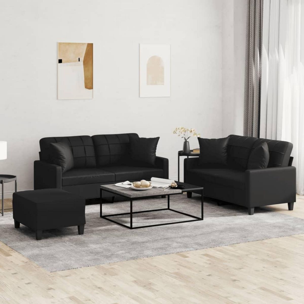 VIDAXL Ensemble de canapes 3 pcs avec coussins noir similicuir