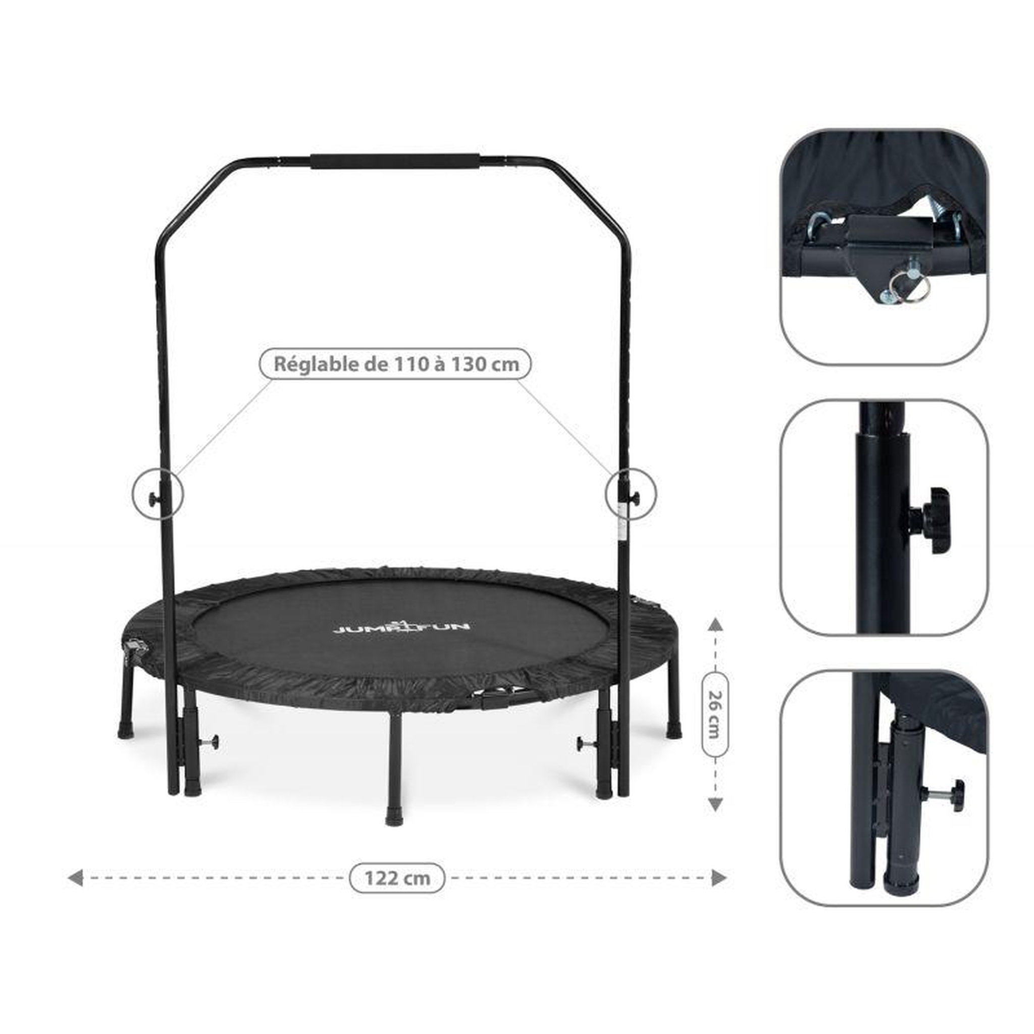 Voir la diapositive 2 : JUMP4FUN Mini Trampoline Fitness Jump4fun Pliable Double-Bar - Ø122cm