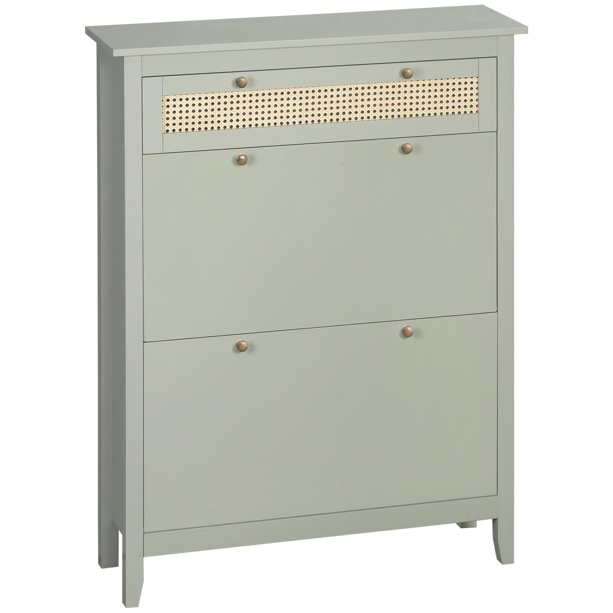 Voir la diapositive 1 : HOMCOM Meuble à chaussures style bohème chic - 2 portes abattantes 2 étagères réglables tiroir - MDF vert d'eau aspect rotin