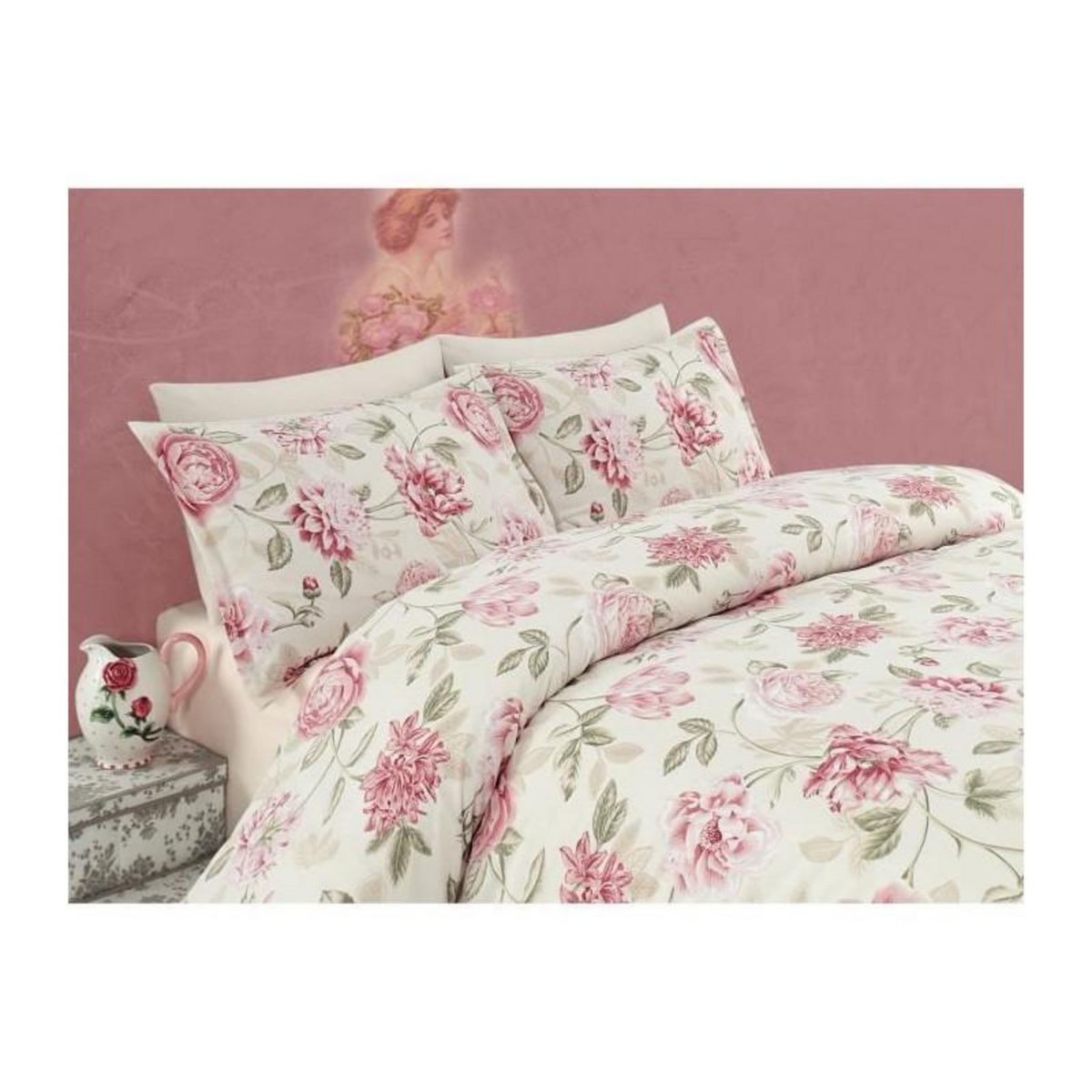 GENERIQUE Parure de lit - 1 housse de couette 220 x 240 cm + 2 taies d'oreiller 60 x 60 cm - 65% coton, 35% polyester - Creme
