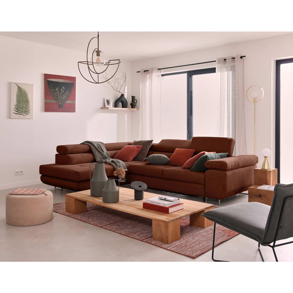 BEST MOBILIER Zaria - canapé d'angle gauche - convertible avec coffre et têtières réglables - 5 places - en velours côtelé