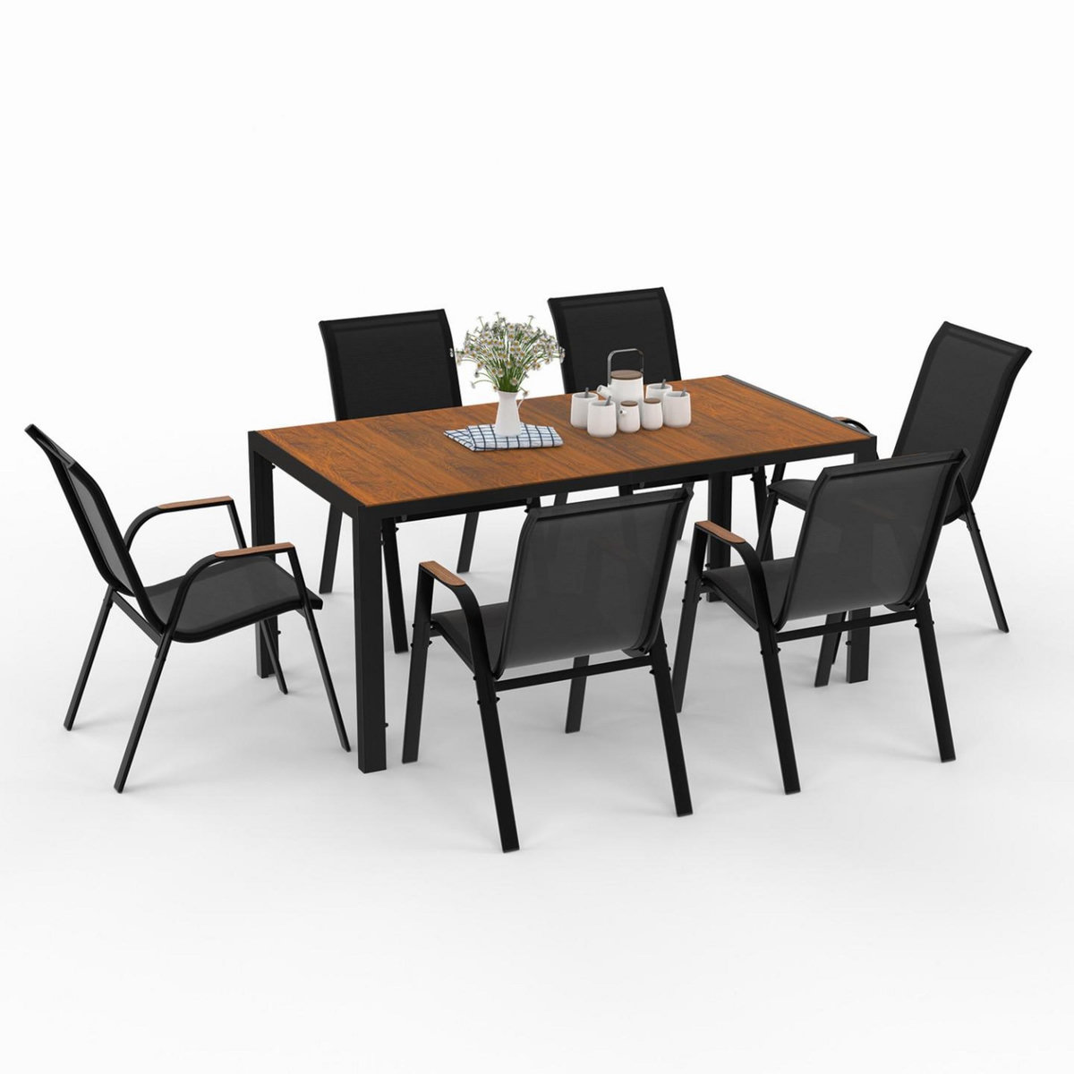 ID MARKET Salon de jardin NOUMEA table 150 cm plateau verre trempé effet bois et 6 chaises empilables noir et bois