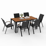 ID MARKET Salon de jardin NOUMEA table 150 cm plateau verre trempé effet bois et 6 chaises empilables noir et bois