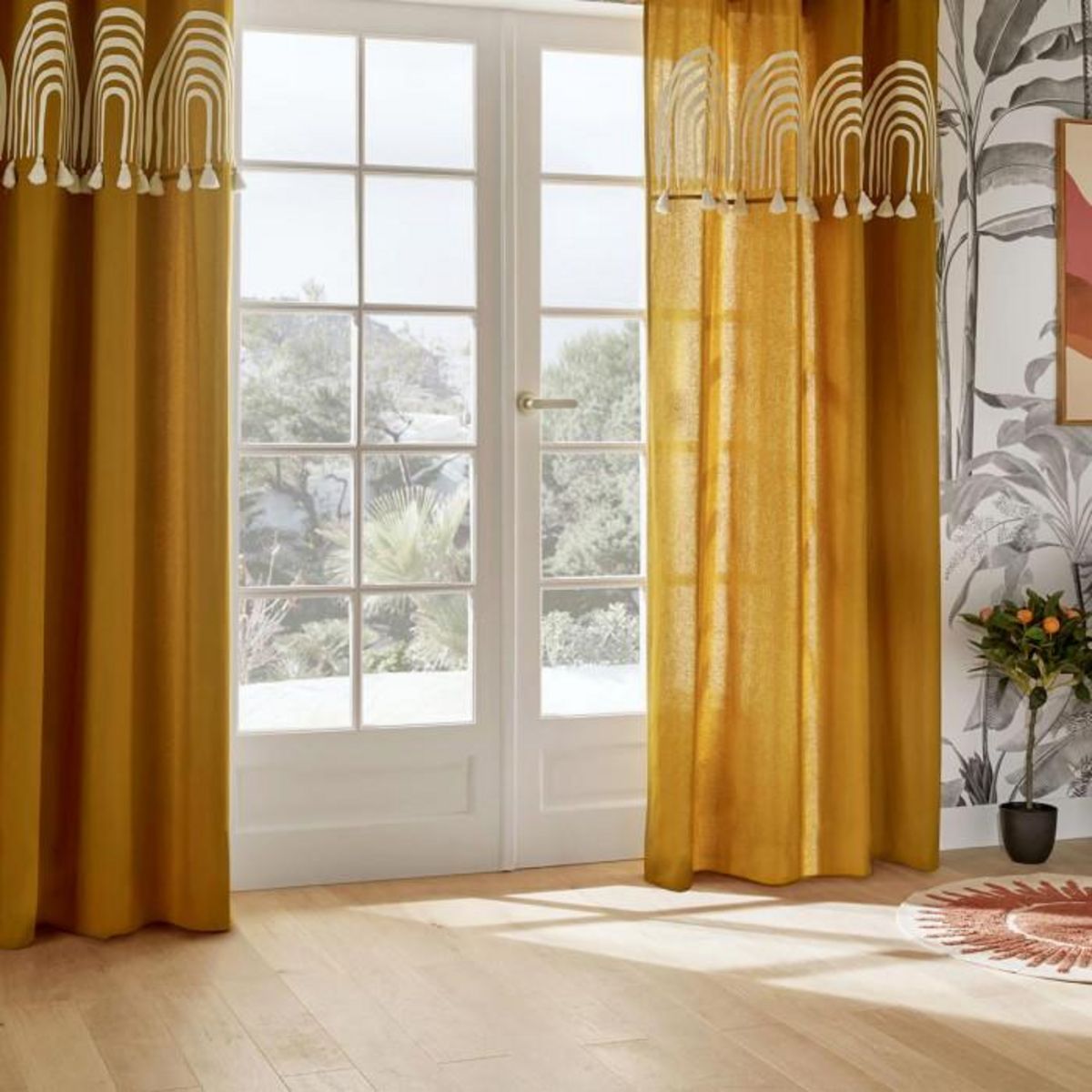 ATMOSPHERA Rideau Imprimé à Pompons  Soleya  140x260cm Moutarde