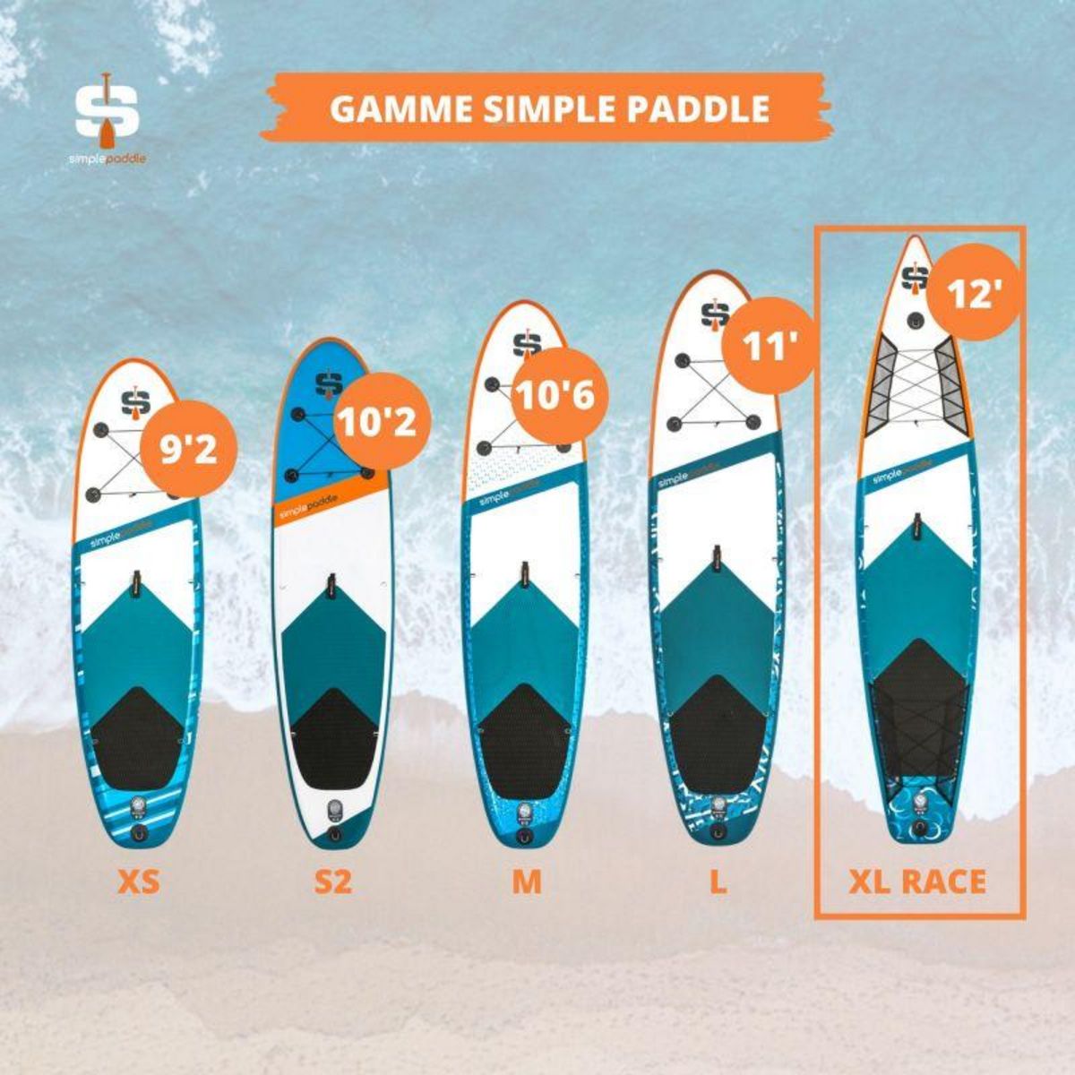 SIMPLE PADDLE Paddle Gonflable RACE 12' 30'' 6  (340 x 76 x 15 cm) avec Pagaie, Leash, Pompe et Sac de Transport