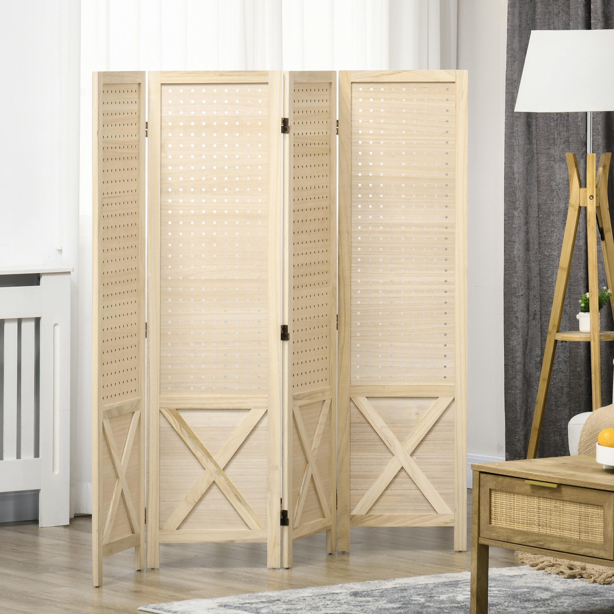 Voir la diapositive 2 : HOMCOM Paravent intérieur en bois 4 panneaux 152 x 144,5 cm pliable bois naturel