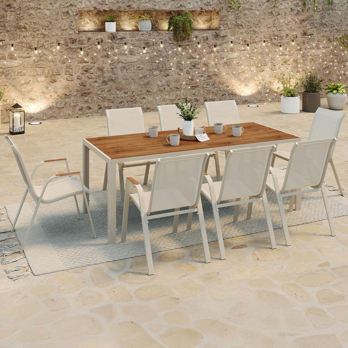 ID MARKET Salon de jardin NOUMEA table 190 cm plateau verre trempé effet bois et 8 chaises empilables beige et bois