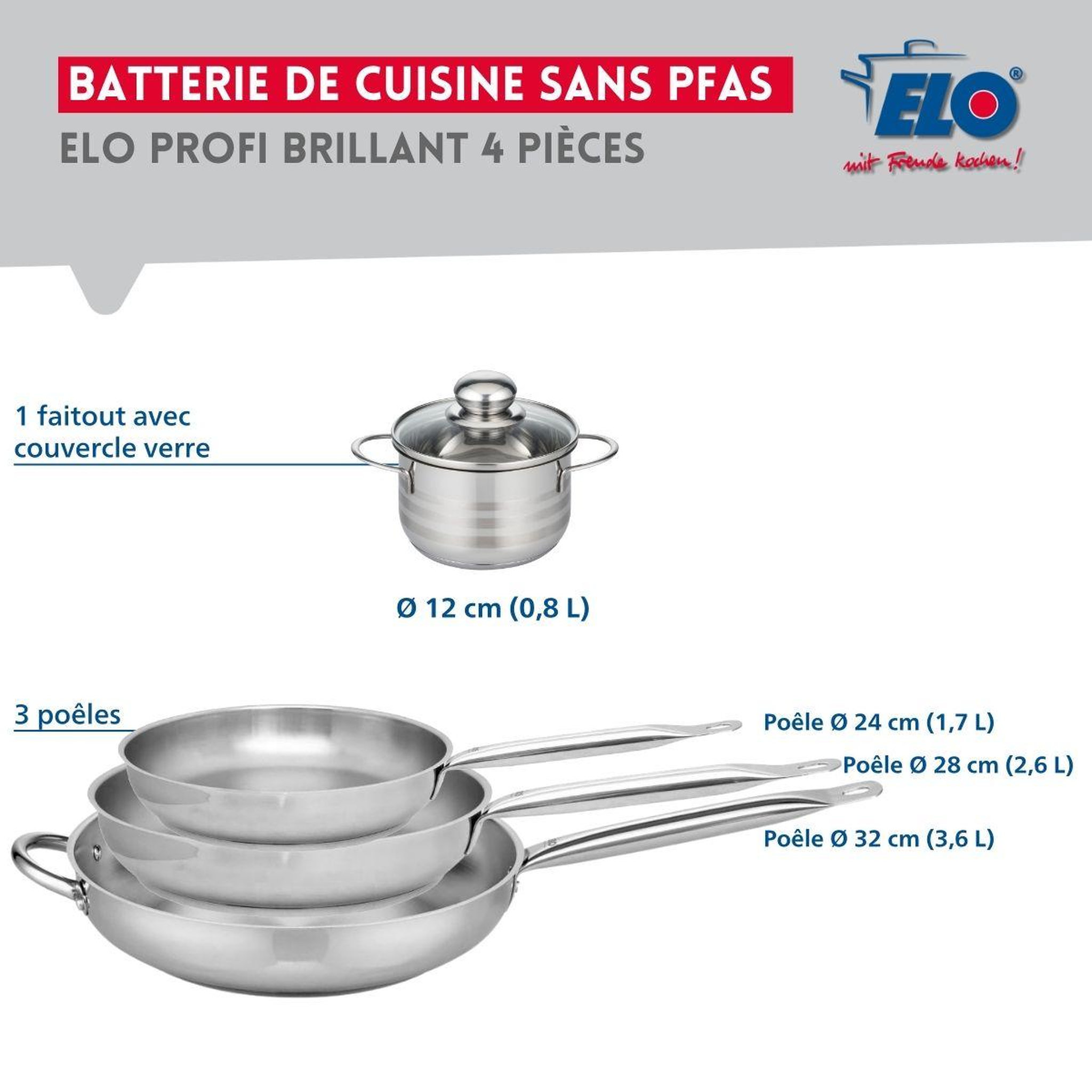 Voir la diapositive 2 : ELO Ensemble de 3 Poêles de cuisson 24, 28 et 32 cm et 1 faitout 12 cm Elo Profi Brillant