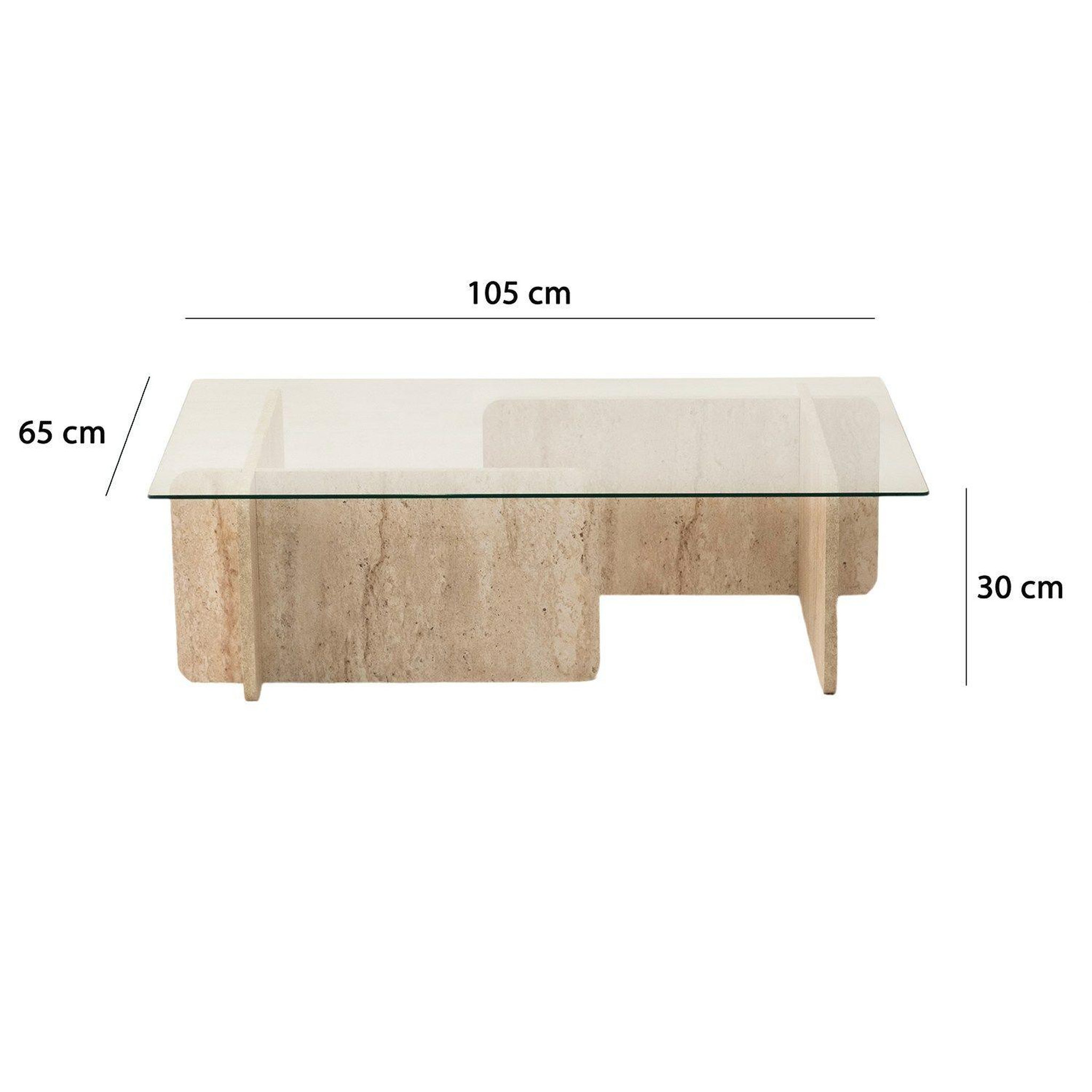 Voir la diapositive 3 : TOILINUX Table basse rectangulaire effet travertin et verre - beige