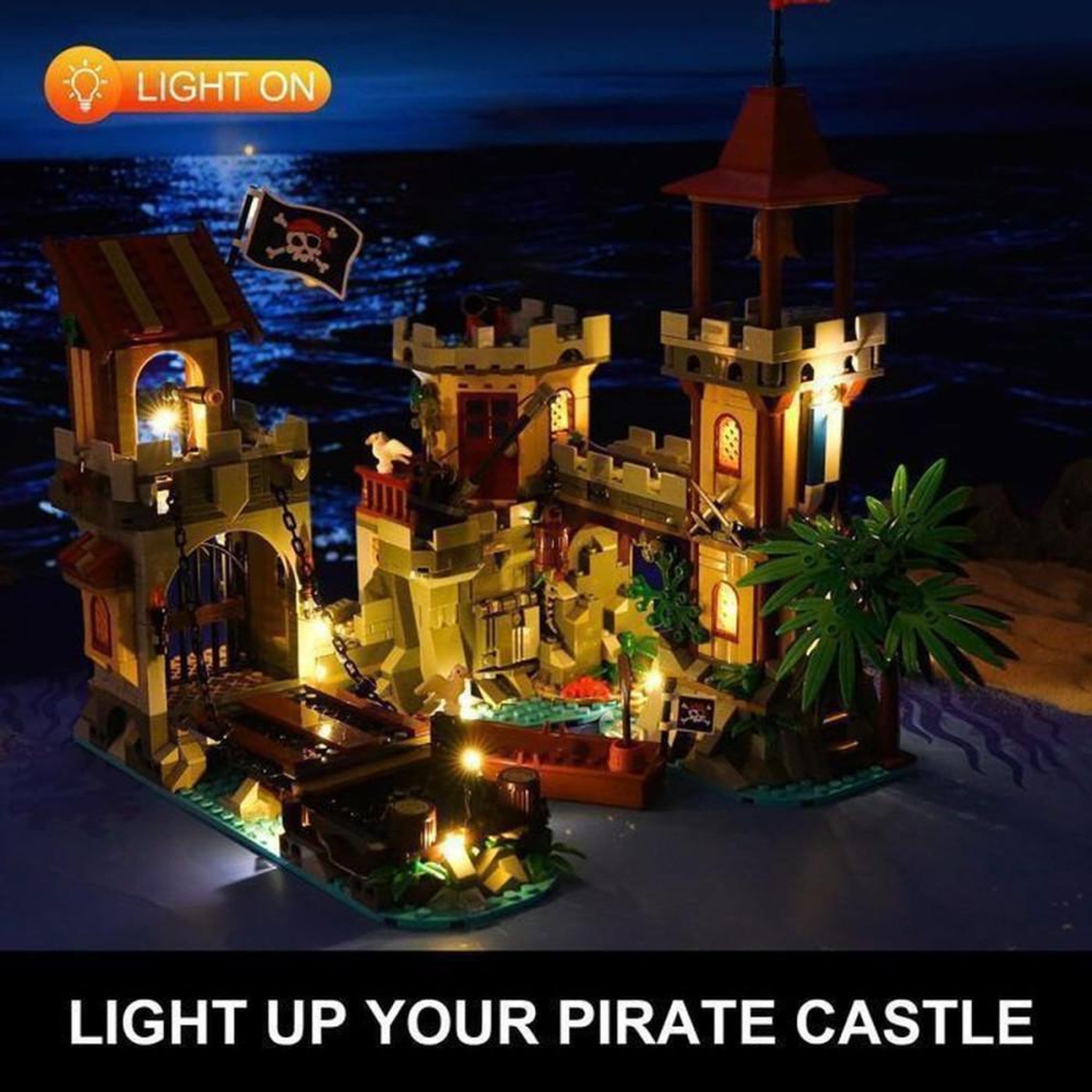 Voir la diapositive 2 : Jeu de construction pirate Château avec LEDs 1502 pièces, navire, tour de guet, pont-levis et grue rotative, 3 configurations