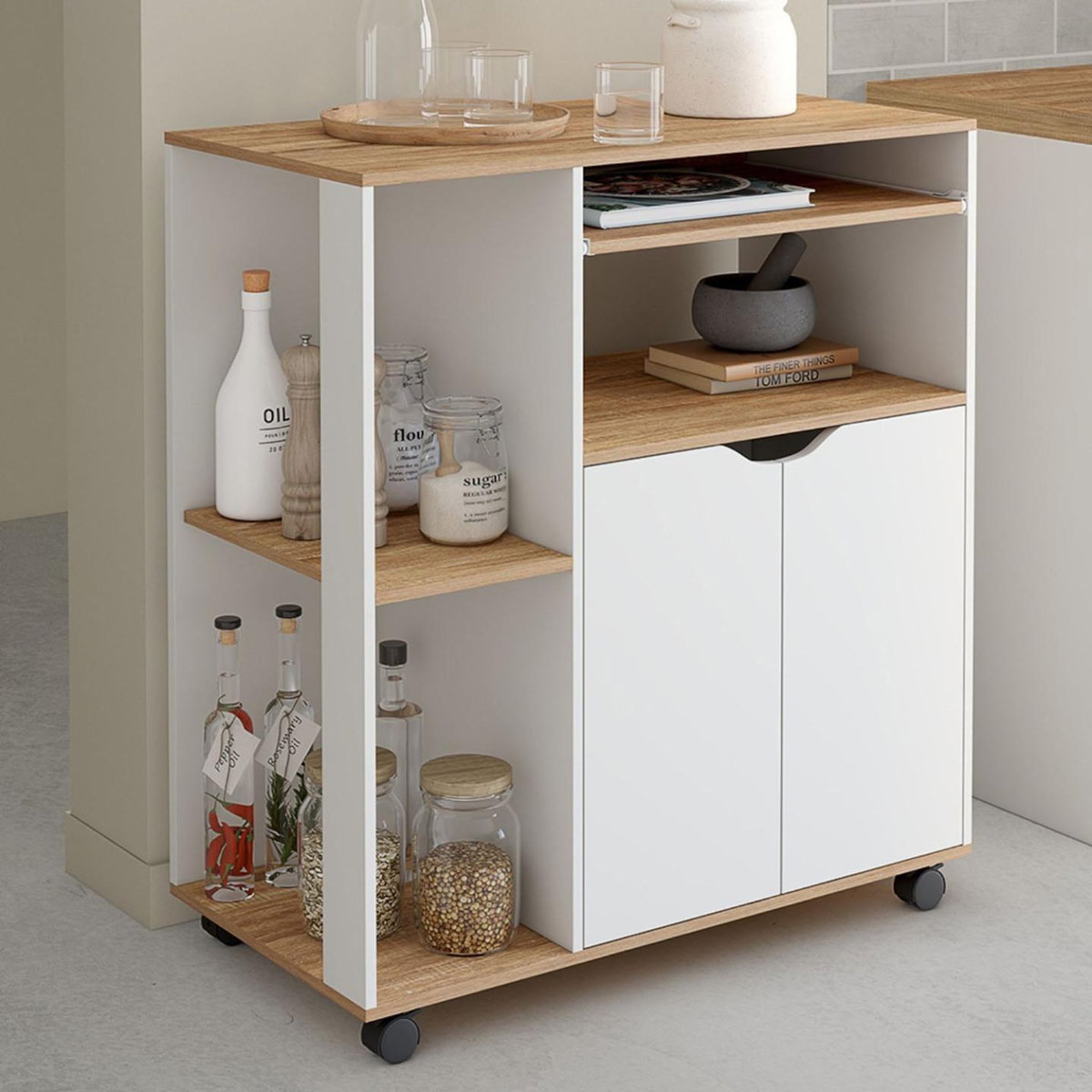 ID MARKET Desserte de cuisine COSI bois blanc et plateaux façon hêtre L.76 CM