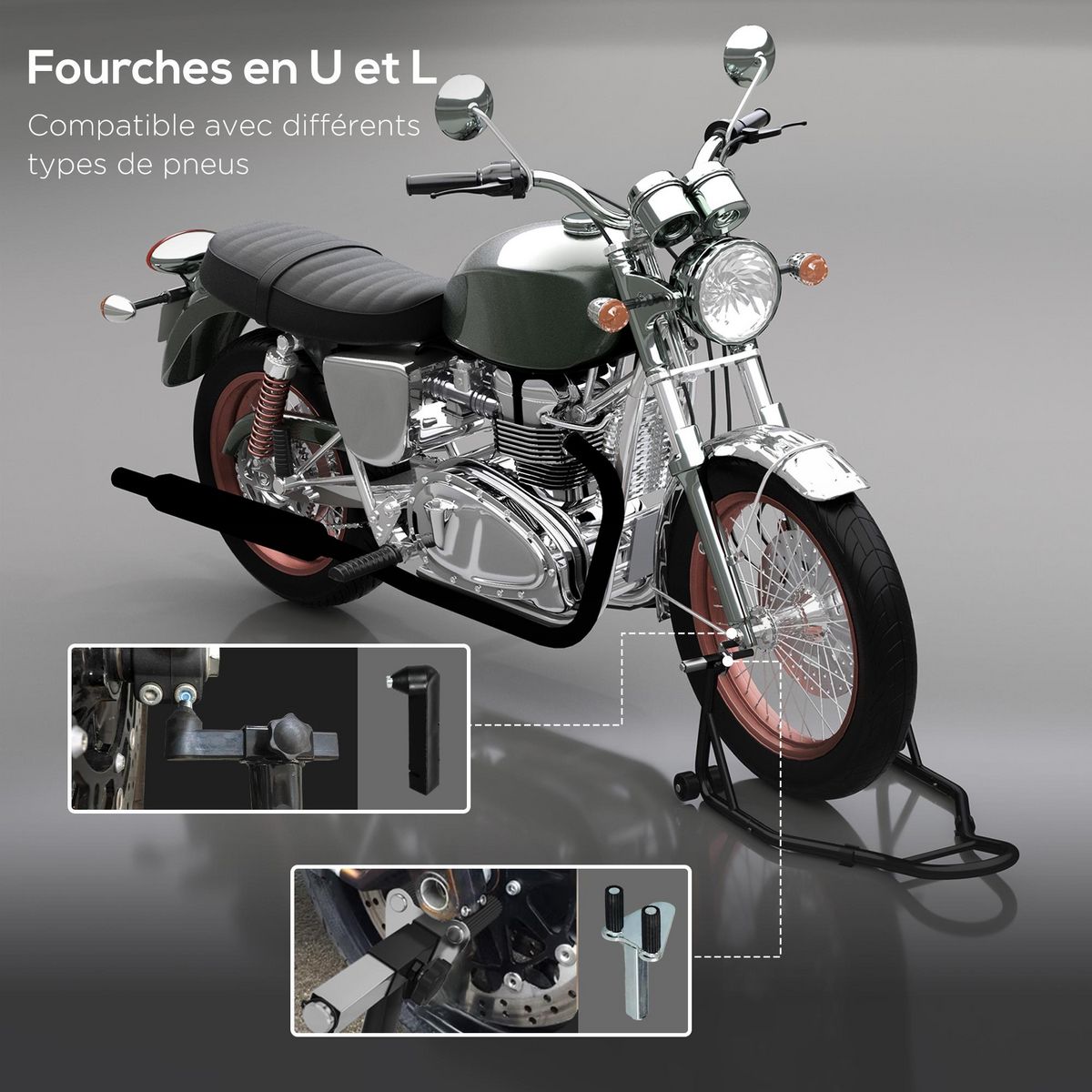 HOMCOM Béquille d'atelier moto avant leve moto support pour moto avec bras oscillant en U et en L, support universel de levage pour atelier en acier noir