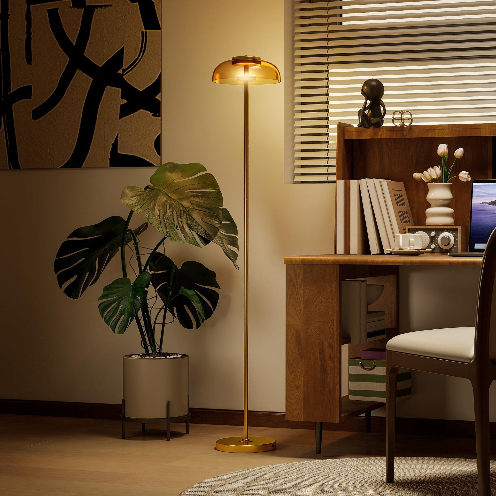 Voir la diapositive 2 : HOMCOM Lampadaire sur pied LED style vintage métal doré verre fumé lumière chaude 3000K