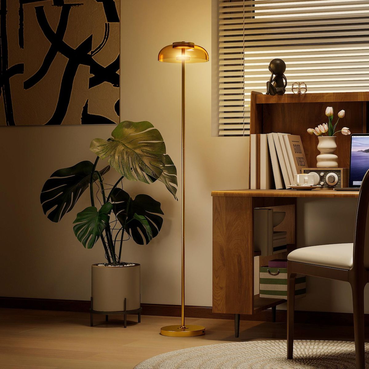 HOMCOM Lampadaire sur pied LED style vintage métal doré verre fumé lumière chaude 3000K