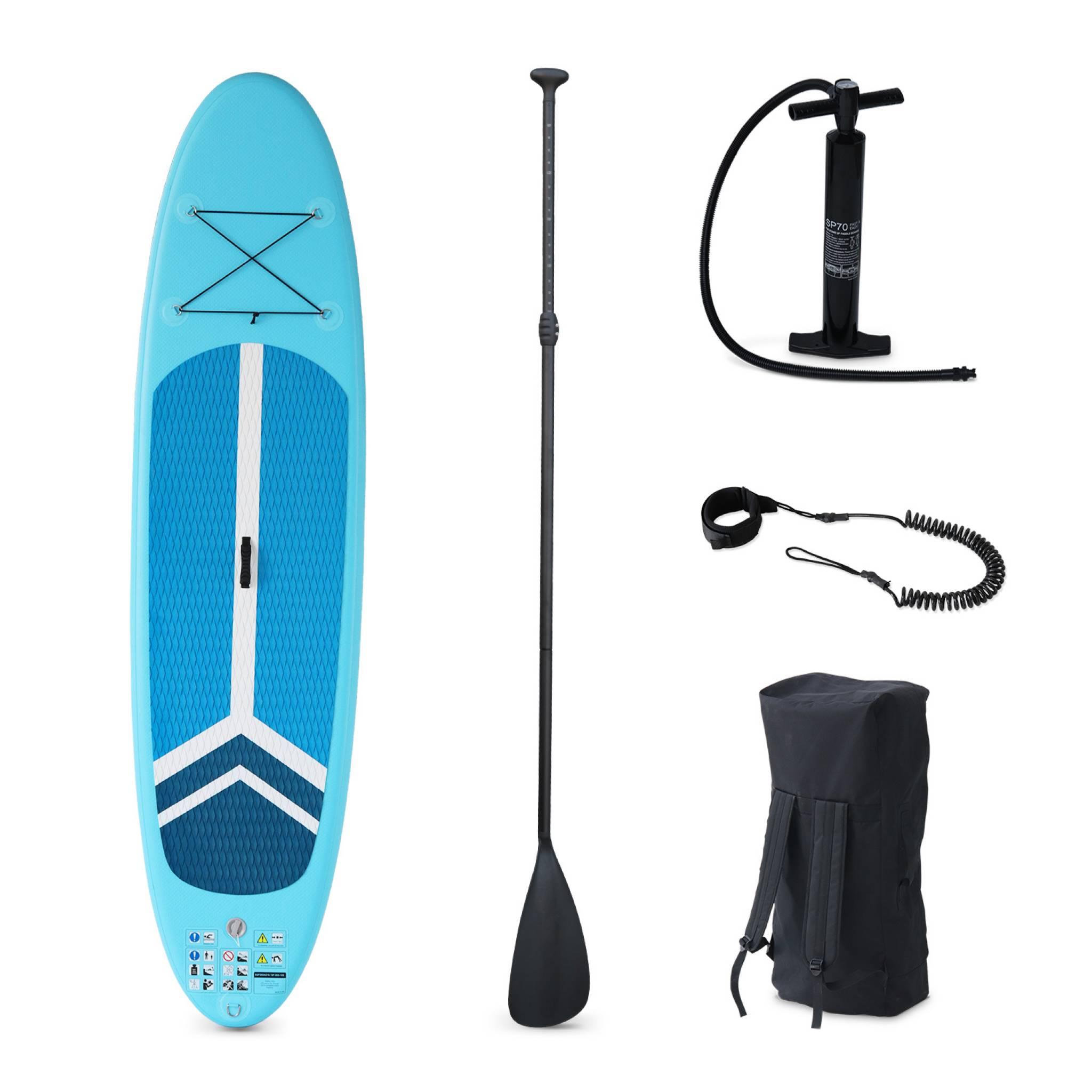 Voir la diapositive 1 : SWEEEK Pack stand up paddle gonflable Julio 9'3'' avec pompe haute pression simple action. pagaie. leash et sac de rangement inclus