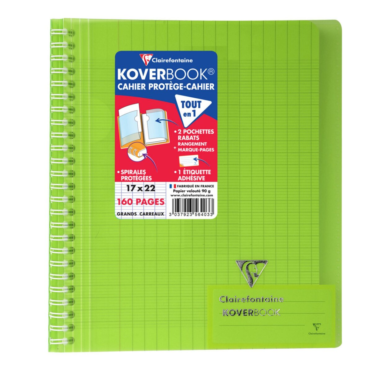 CLAIREFONTAINE Cahier à spirale polypro Koverbook 17x22cm 160 pages grands carreaux Seyes vert transparent