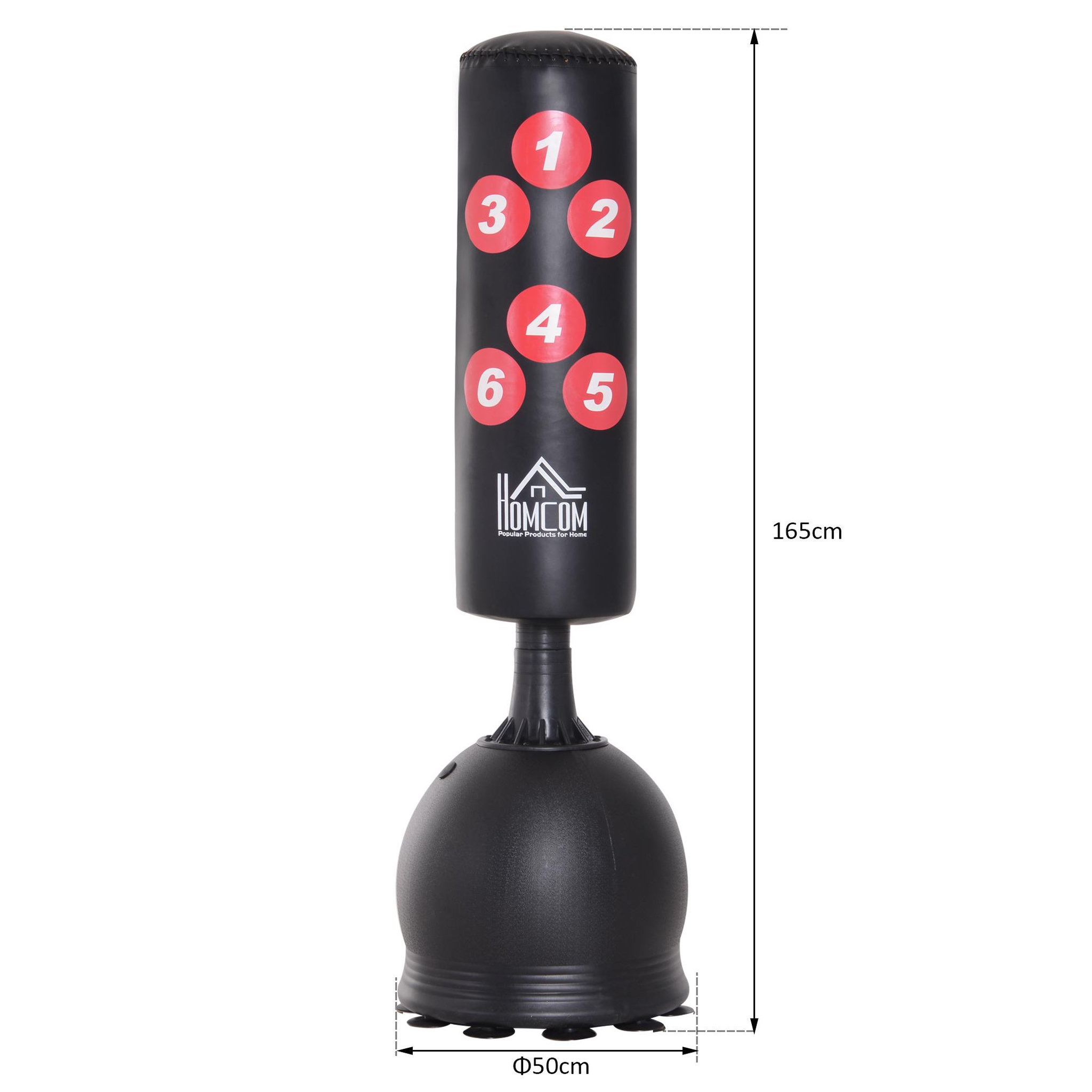 Voir la diapositive 3 : HOMCOM HOMCOM Sac de frappe boxe sur pied punching ball autoportant adulte enfant H1,65 m cibles de touche ventouses antidérapantes noir rouge