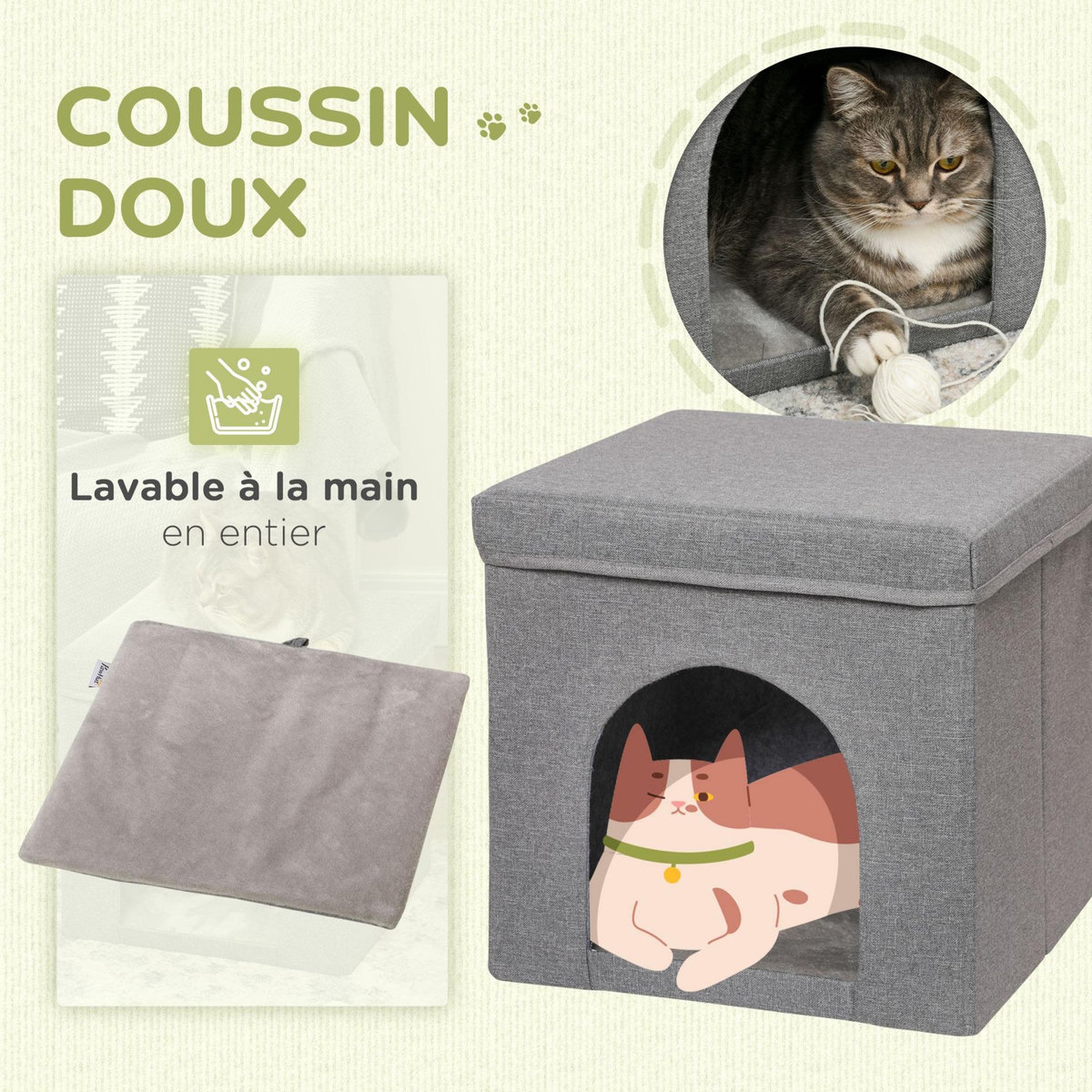 PAWHUT Panier chat grattoir pouf pliable 3 en 1 - coussin amovible lavable, grattoir - MDF tissu aspect lin gris