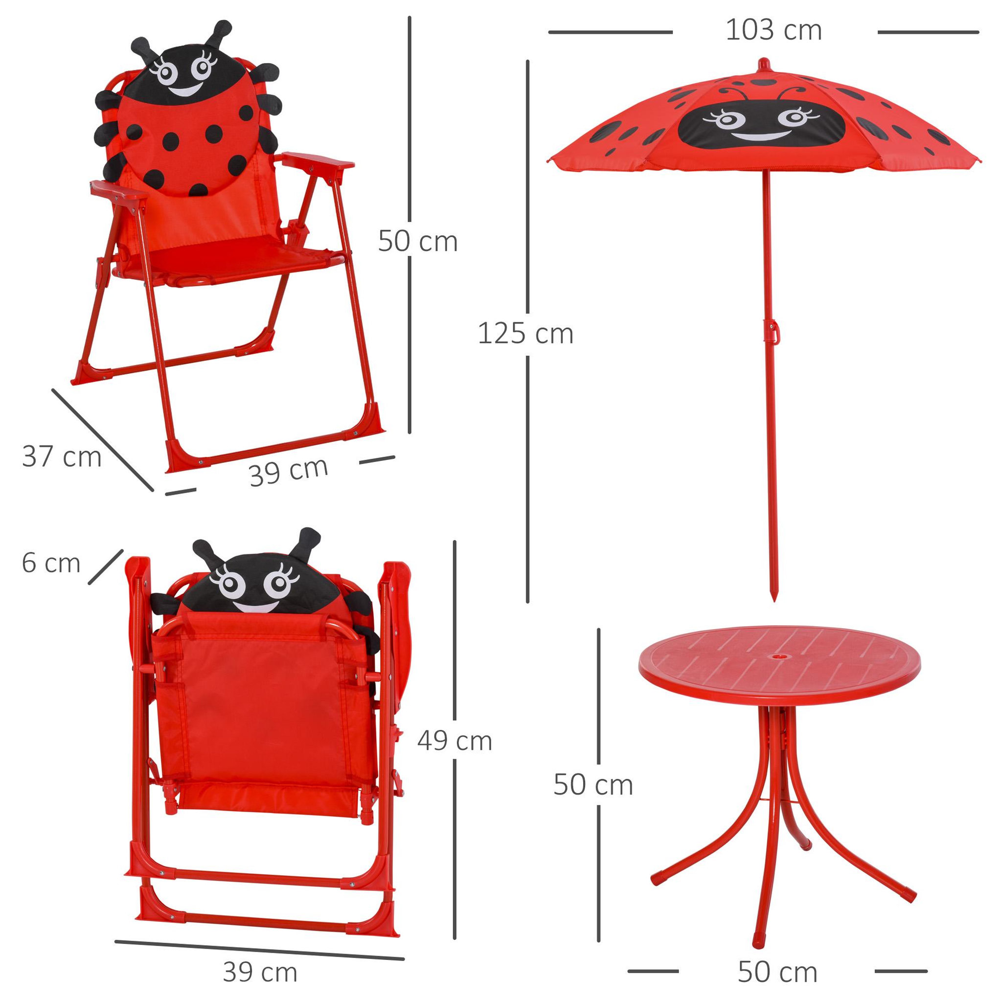 Voir la diapositive 3 : OUTSUNNY Ensemble salon de jardin enfant 4 pcs design coccinelle - table ronde + 2 chaises pliables + parasol - métal époxy oxford rouge