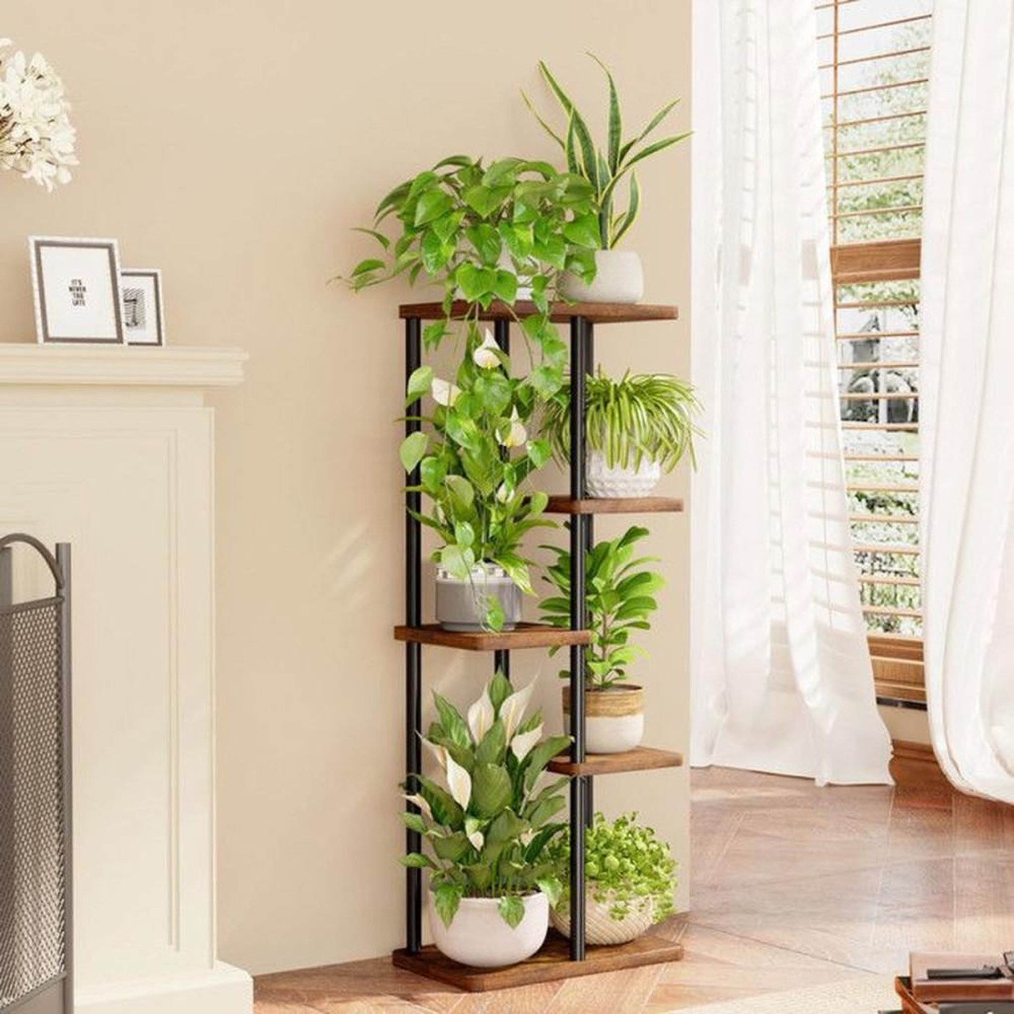 Voir la diapositive 4 : Étagère plantes 5 niveaux en métal et MDF, 40 x 23,6 x 98,3 cm, marron