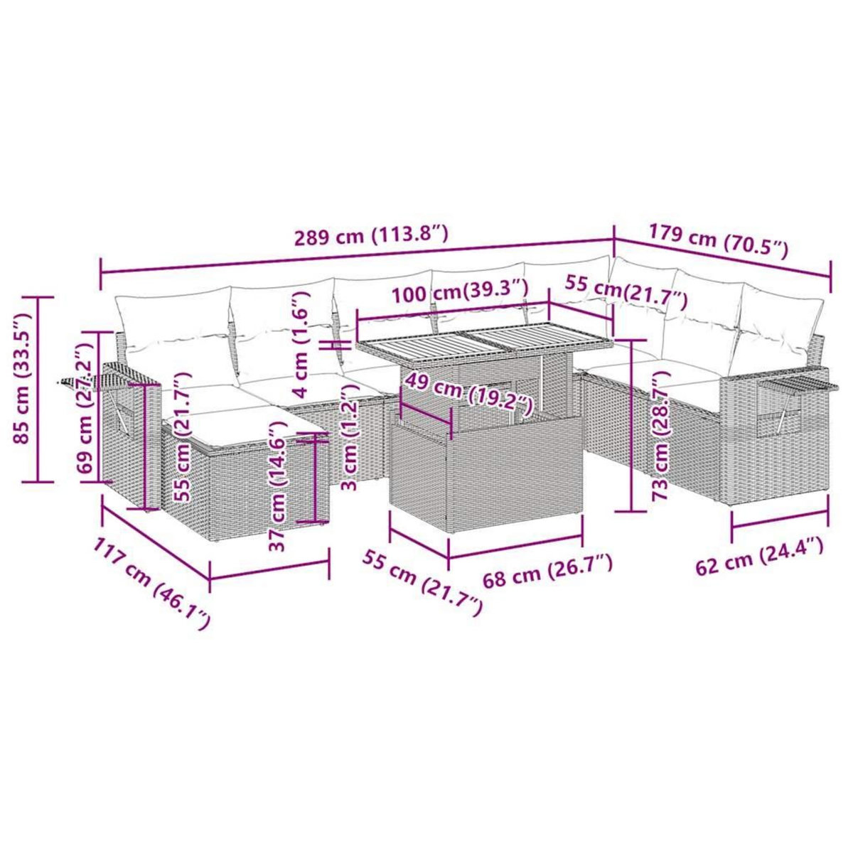 VIDAXL Salon de jardin avec coussins 9 pcs beige resine tressee