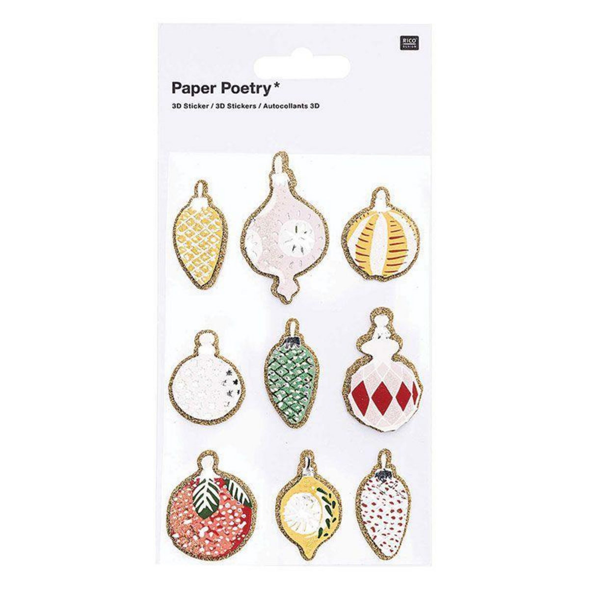 RICO DESIGN 9 Stickers 3D - Boules de Noël Nostalgique à paillettes dorées