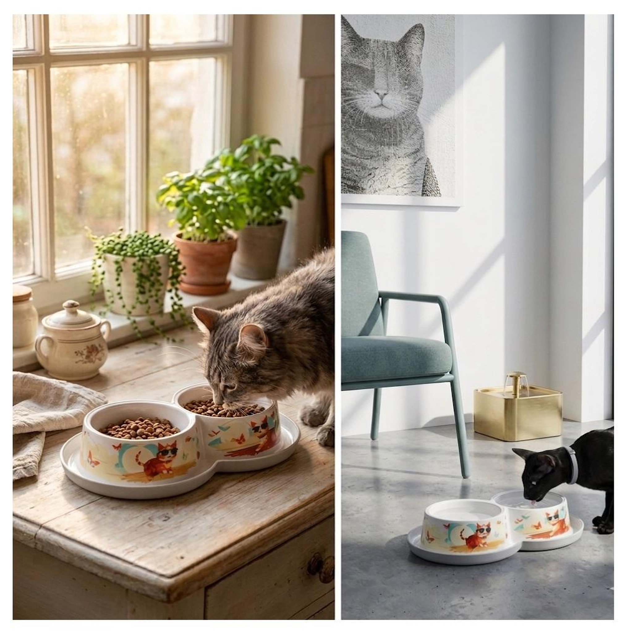 Voir la diapositive 4 : Eden Double gamelle chat au soleil design et moderne
